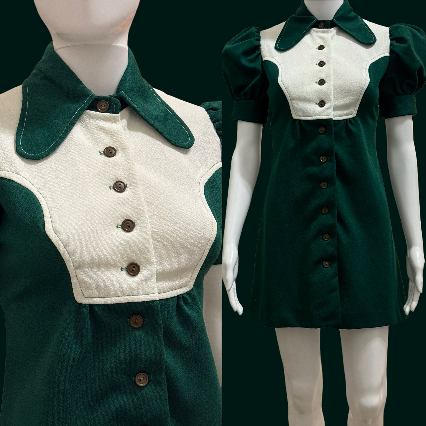 60s-70s Mini Baby Doll Dress w/ Beagle Collar & Puffy Sleeves (XS-S)