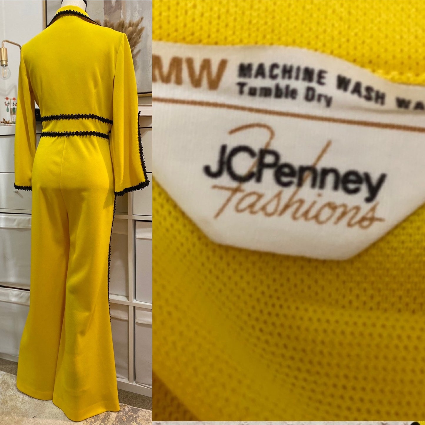 70s Iconic Bell Bottom Flare Jumpsuit w/ Ric-Rac Trim (S, 27”-30” Waist)