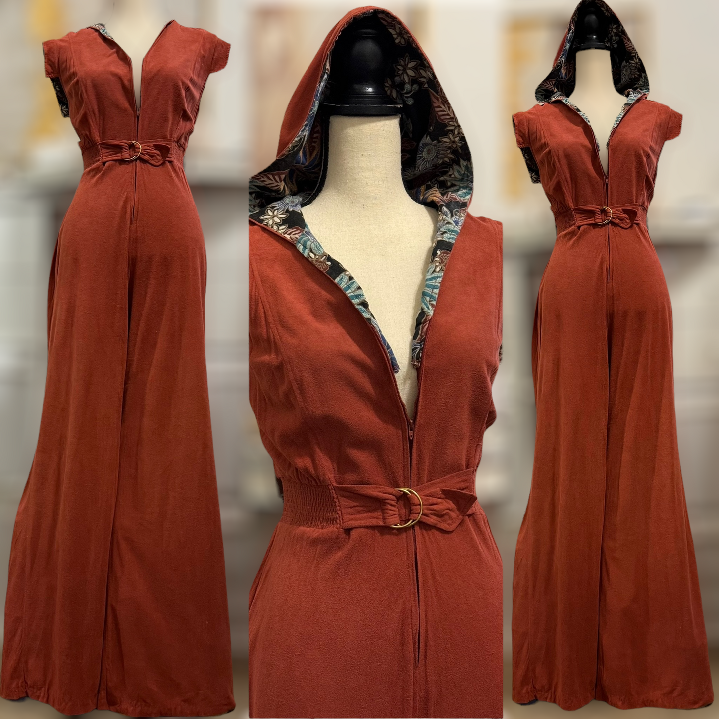 70s Hooded Rusty Bell Bottom Jumpsuit (Medium, 24"-30" Waist)