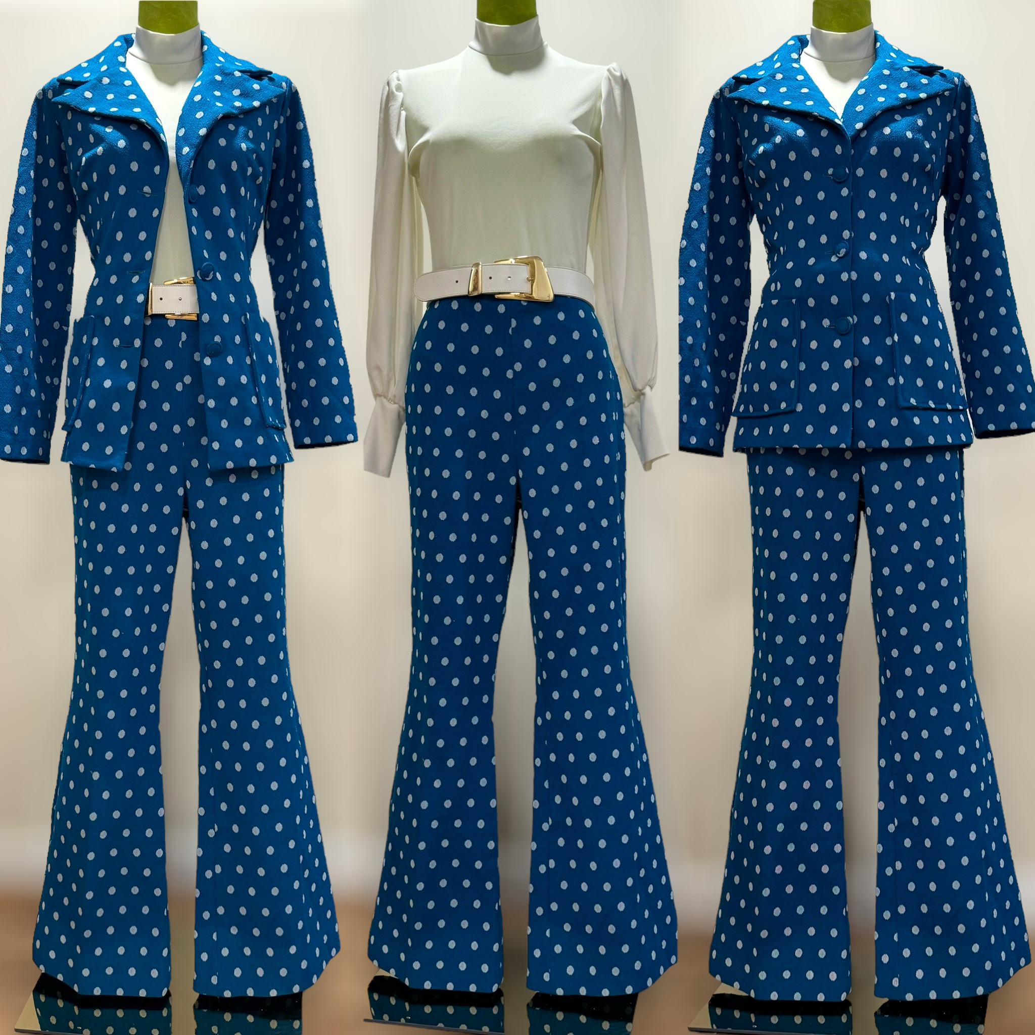古着助様オーダー 70s Blue, Polka Dot Wide Leg 2Pc Pantsuit (M, 29