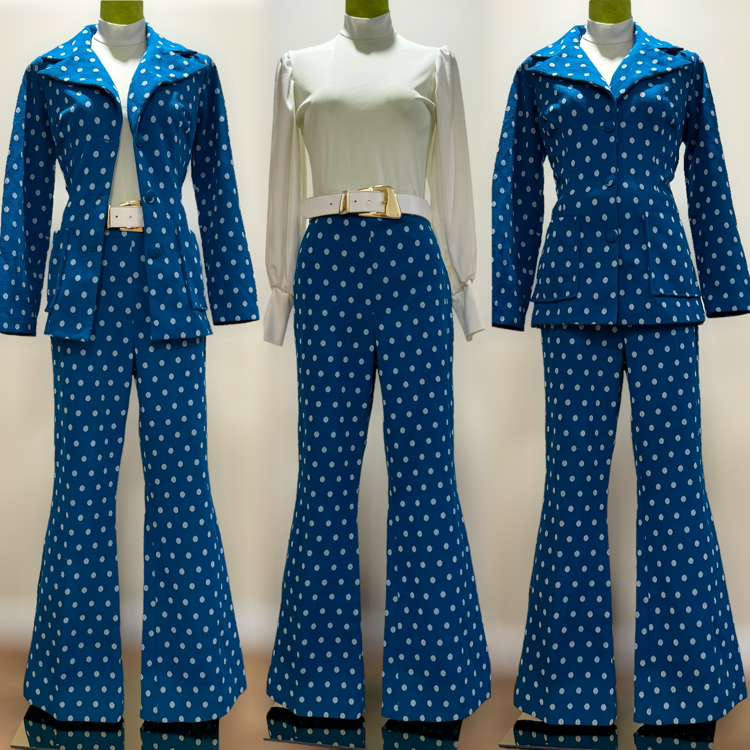 70s Blue, Polka Dot Wide Leg 2Pc Pantsuit (M, 29"-33" Waist)
