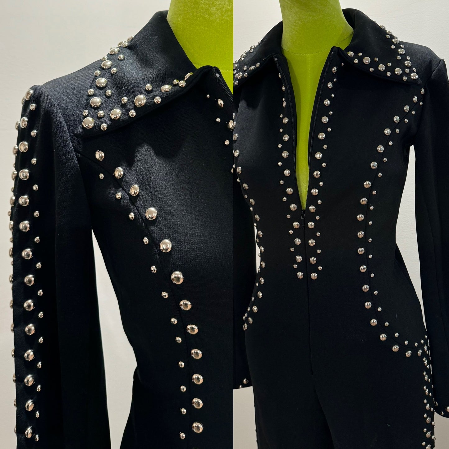 70s Studded Bell Bottom, Zipper Front Jumpsuit (XS, 25"-26" Waist)