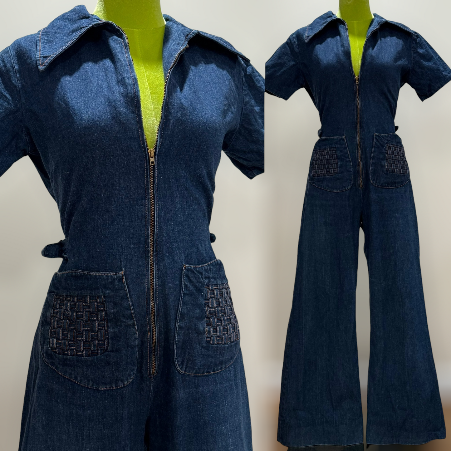 70s Denim Wide Leg Jumpsuit (S-M, 28" Waist, Petite)