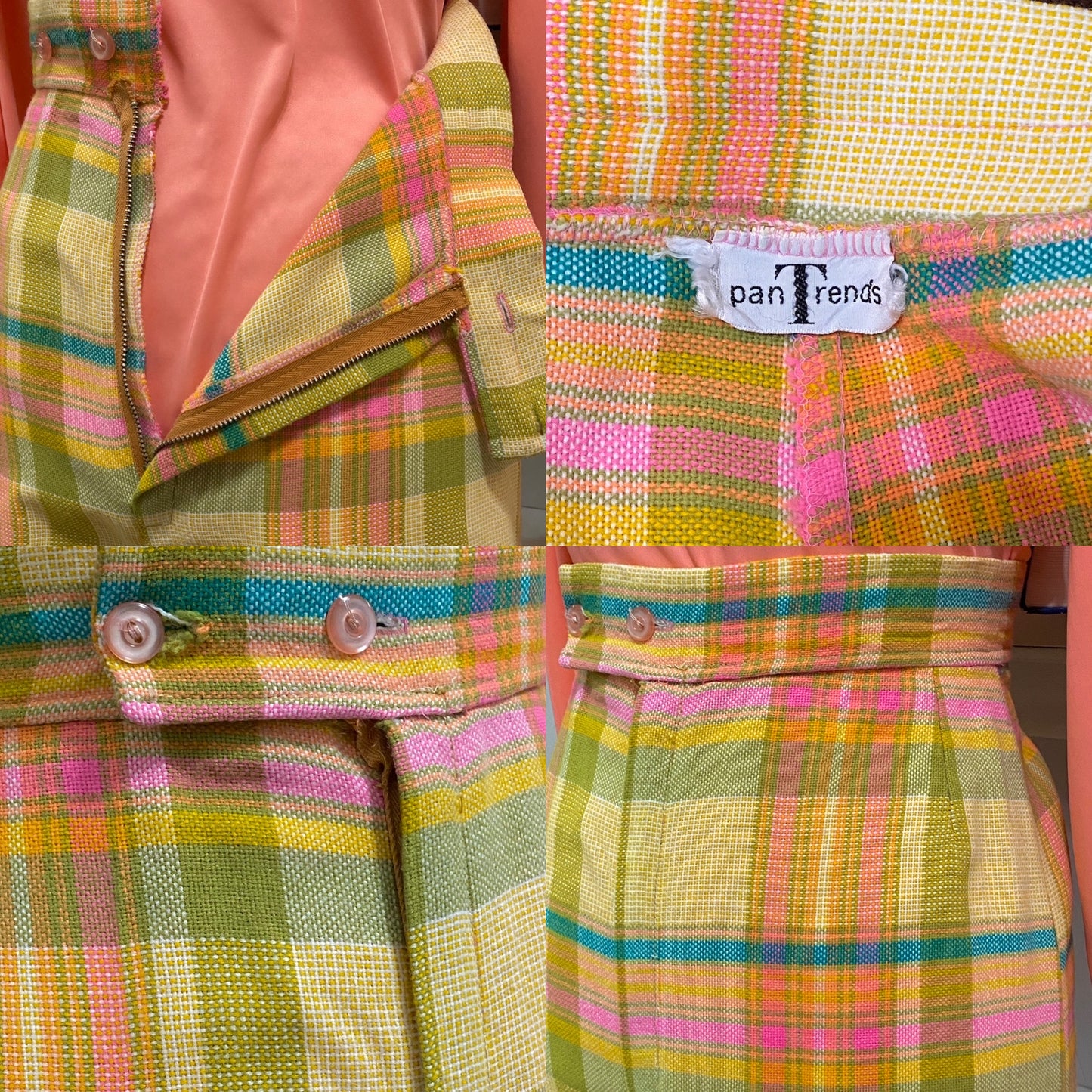 70s Vibrant Plaid, High Rise Wide Leg Pants (S-M, 27" Waist)