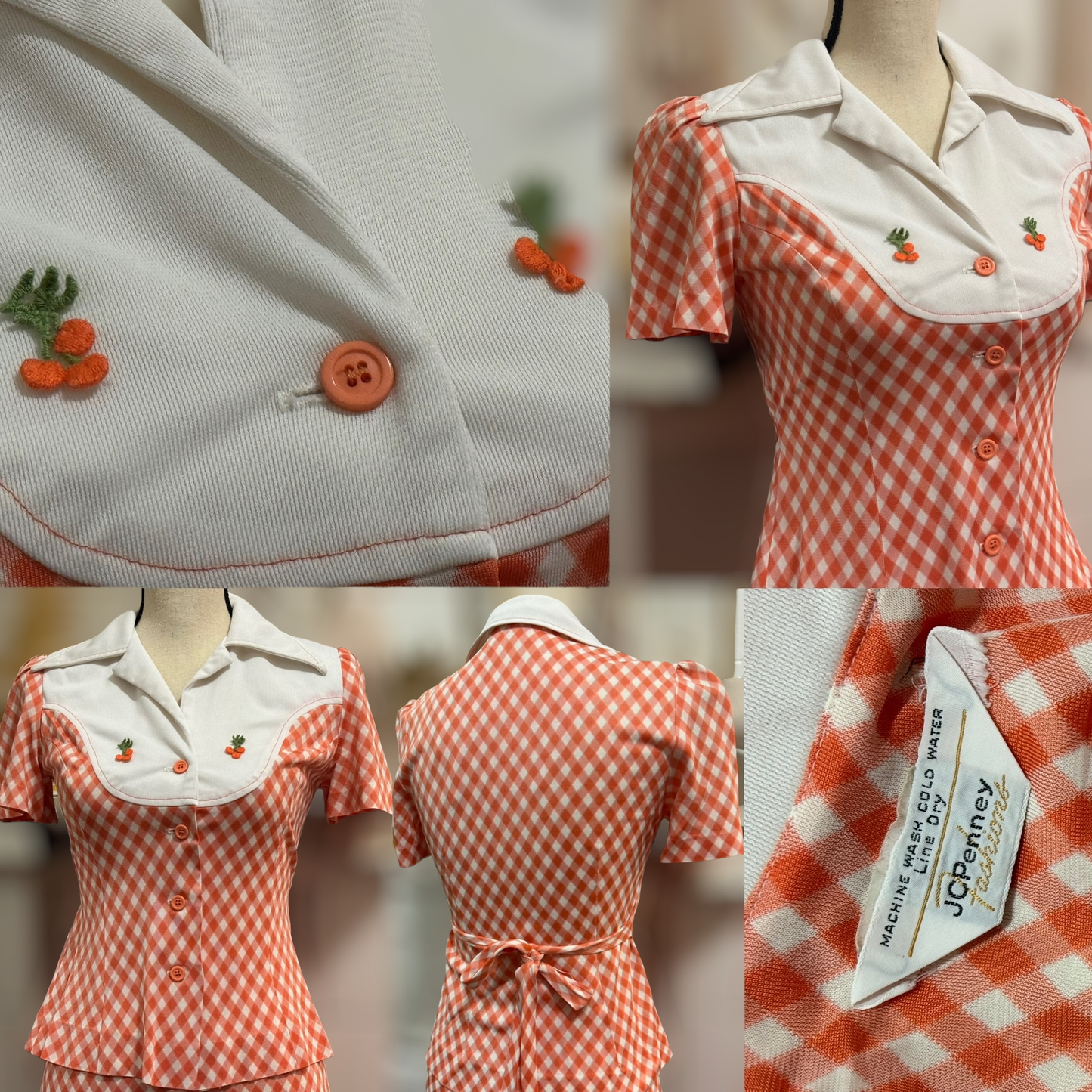 70s 2-piece Gingham Bell Bottoms Pantsuit - Orange Applique (XXS-XS, 20”-28” Waist)