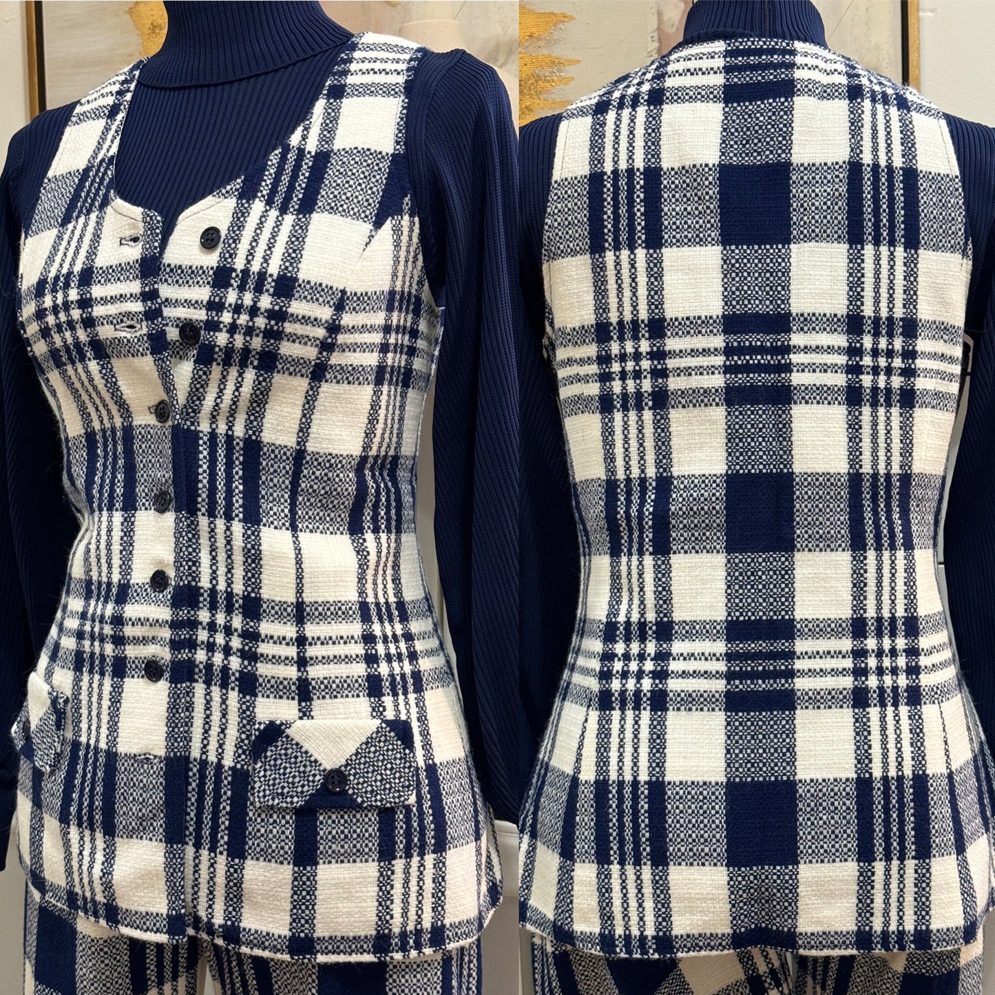 60s Plaid 2Pc Vest Pantsuit (S-M, 28"W)