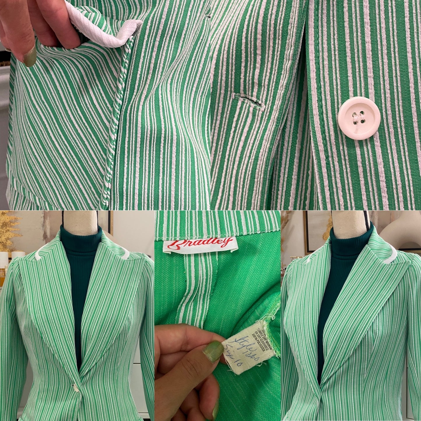 60s-70s Green Striped 2pc Pantsuit - Jacket & Wide Leg Bottoms (XS-S, 24”-29” waist)