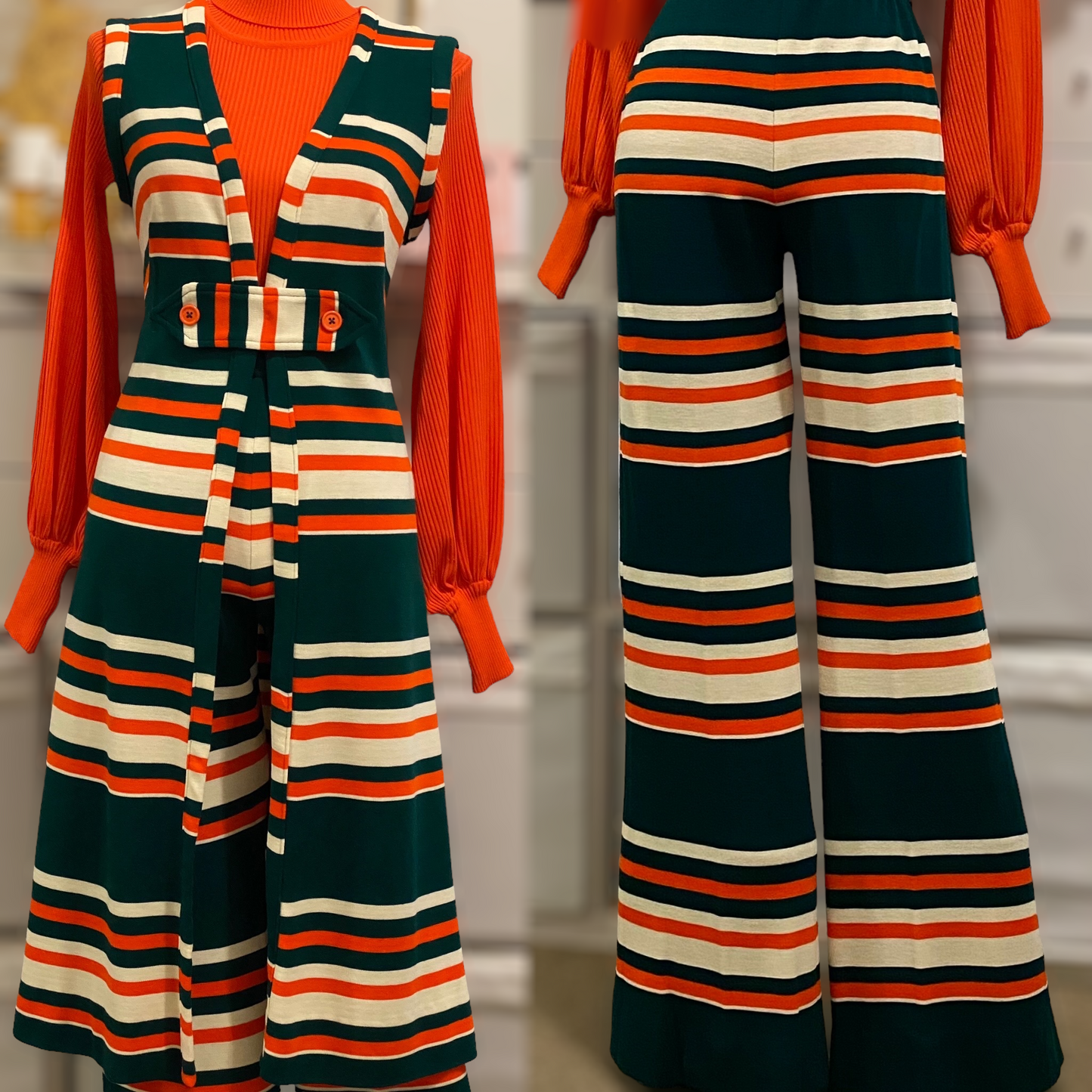60s-70s Orange & Green Striped Vest Suit (S-M)