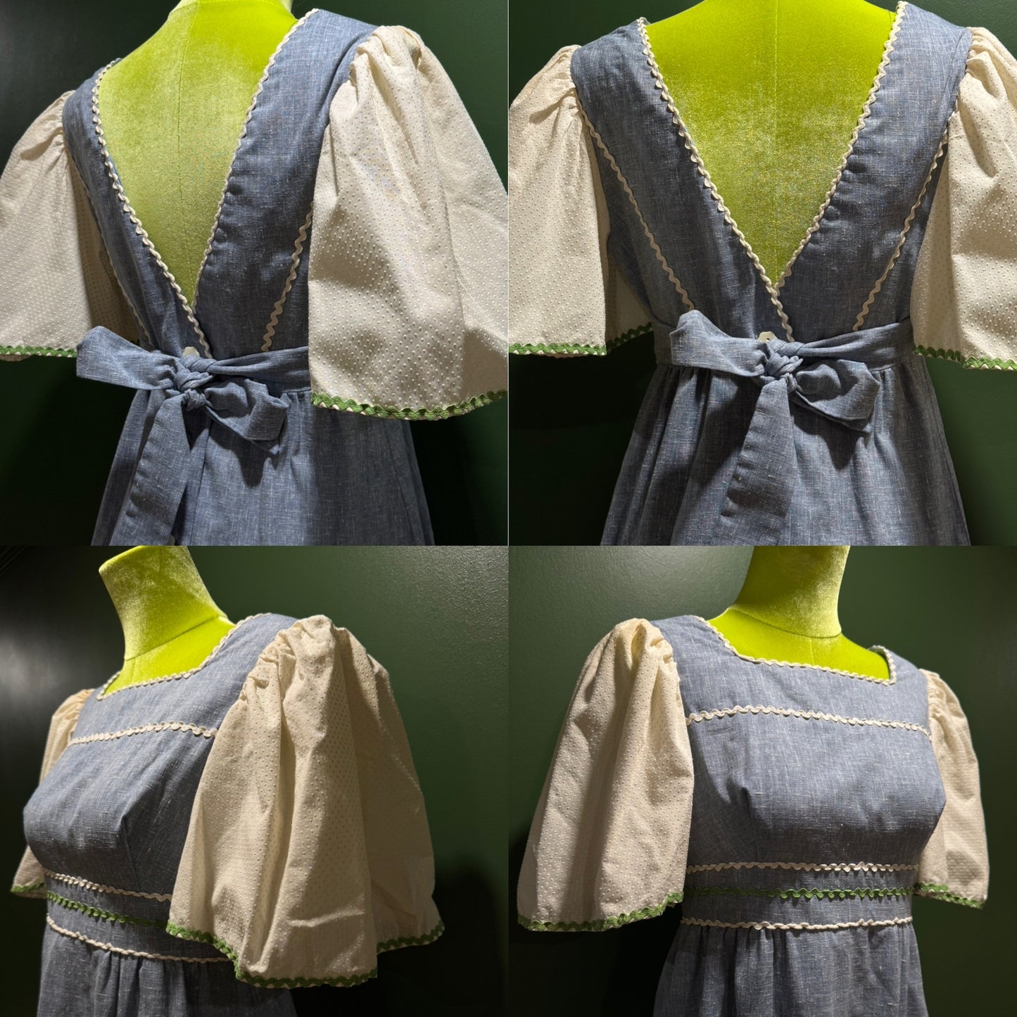 60s/70s chambray dress with puff sleeves & floral embroidery (Small)