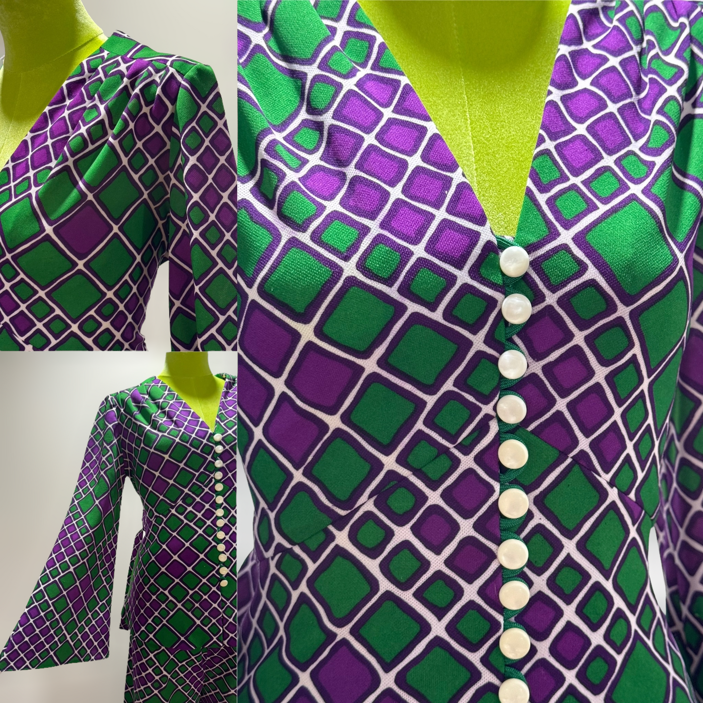 70s Geometric 2PC Bell Bottom Pantsuit (S-M, 27"-30"W)