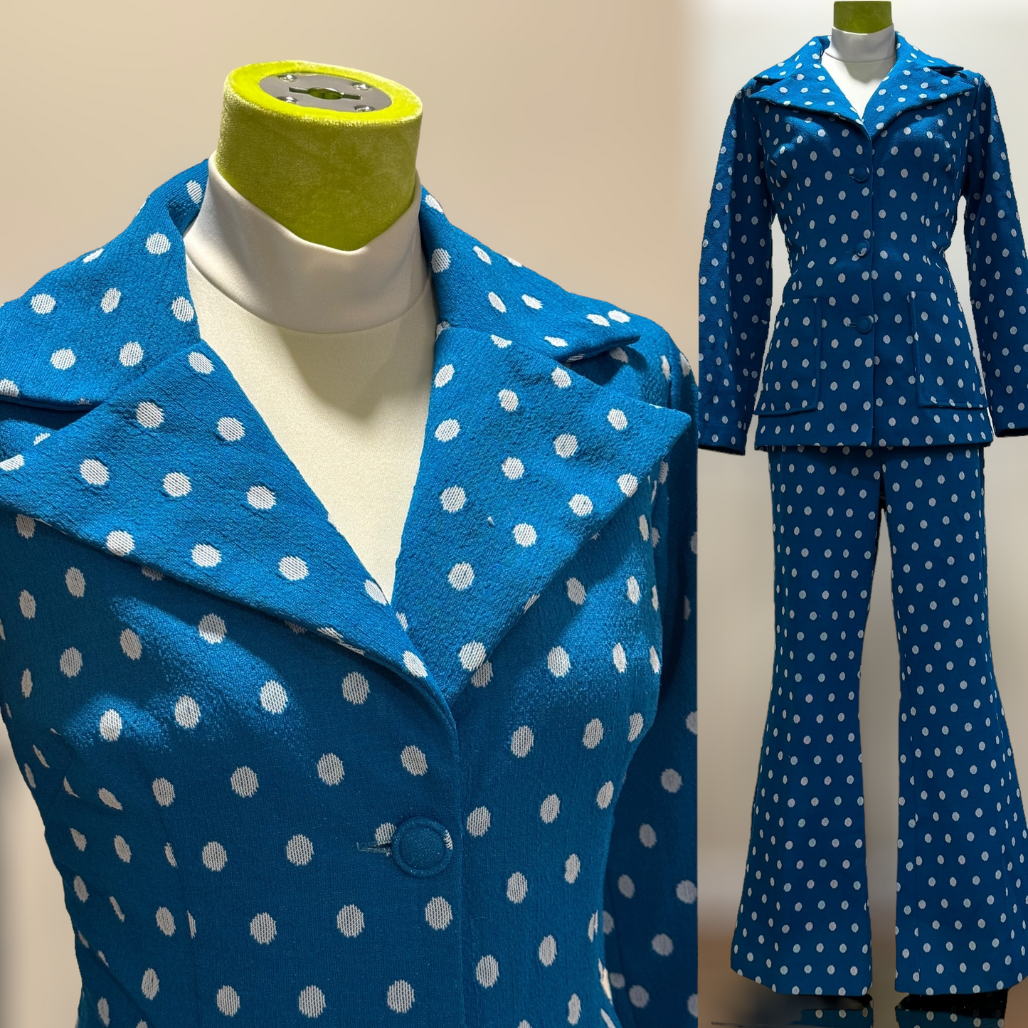 70s Blue, Polka Dot Wide Leg 2Pc Pantsuit (M, 29"-33" Waist)