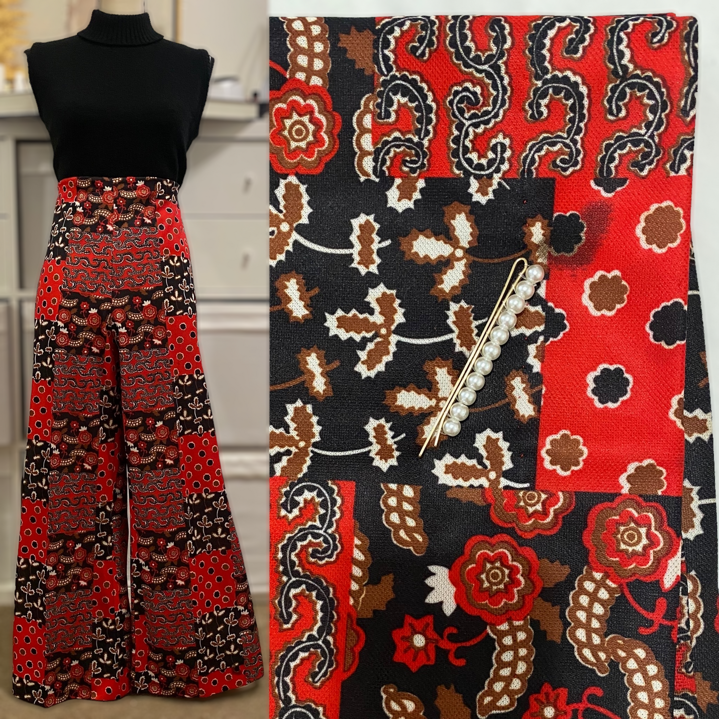 70s 70s Patchwork Style & Florals 2PC Pant set (L-XL, 32"-36” Waist)