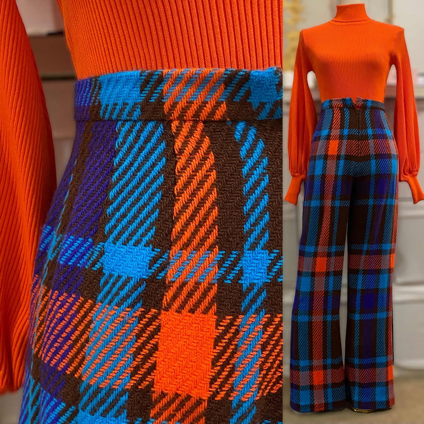 70s Plaid High Rise Bell Bottoms (XS, 24”-25"W)