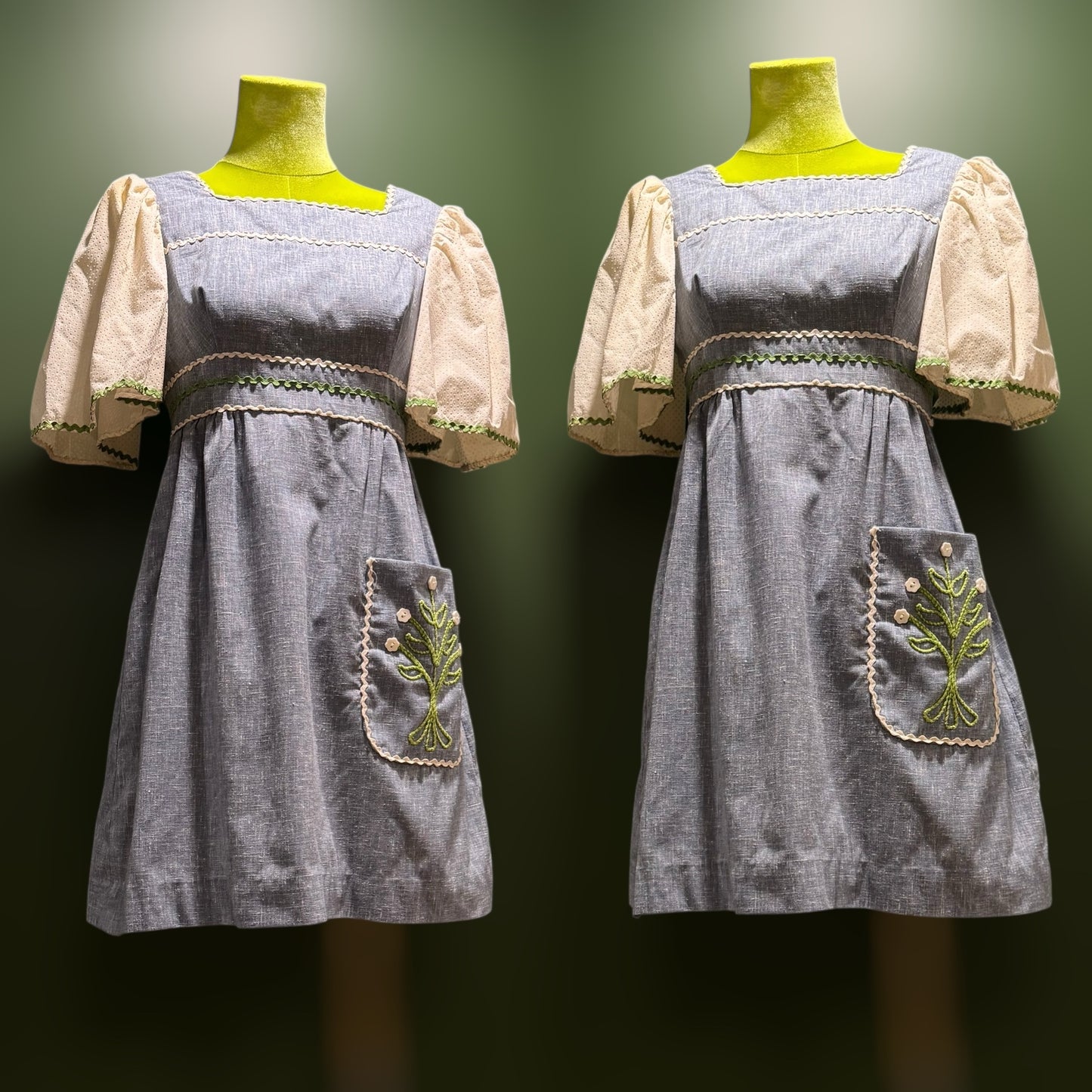 60s/70s chambray dress with puff sleeves & floral embroidery (Small)