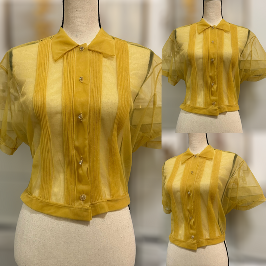 40s/50s Yellow Gold Nylon Blouse w/ Short Dolman Sleeves (L-XL, 47” bust)
