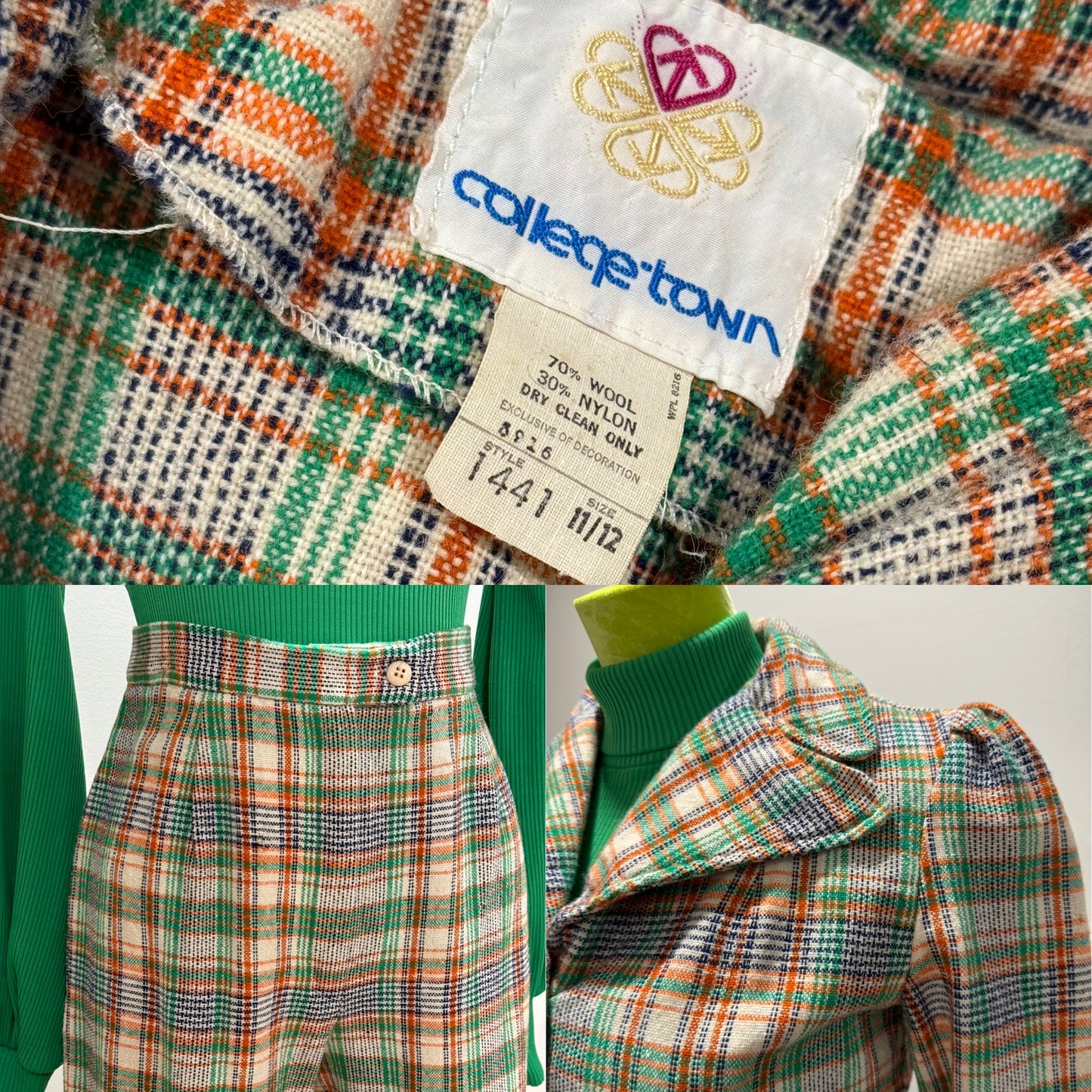 70s Plaid 3PC Wide Leg Pantsuit w/ Cropped Jacket (S-M, 27"-28" Waist)