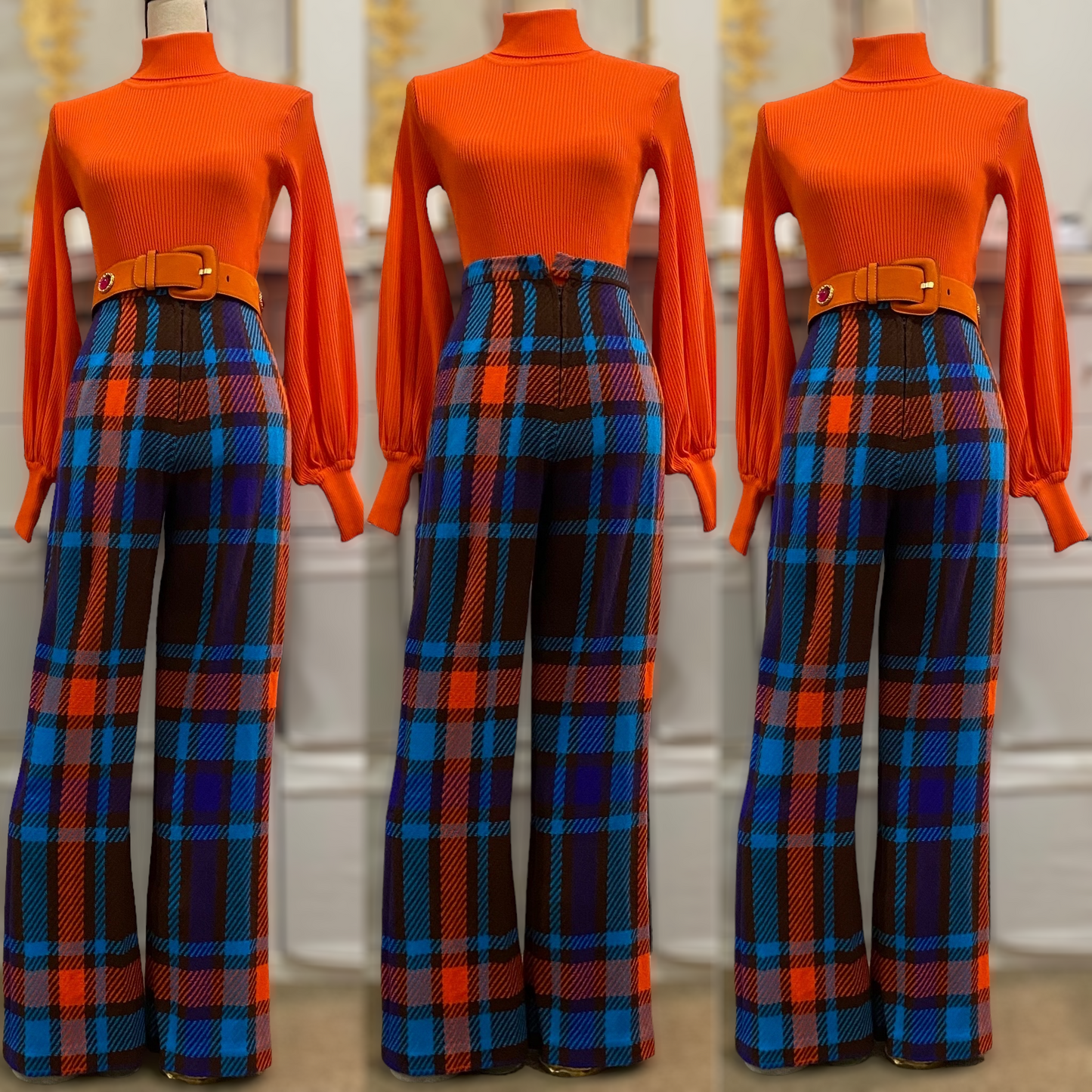 70s Plaid High Rise Bell Bottoms (XS, 24”-25"W)