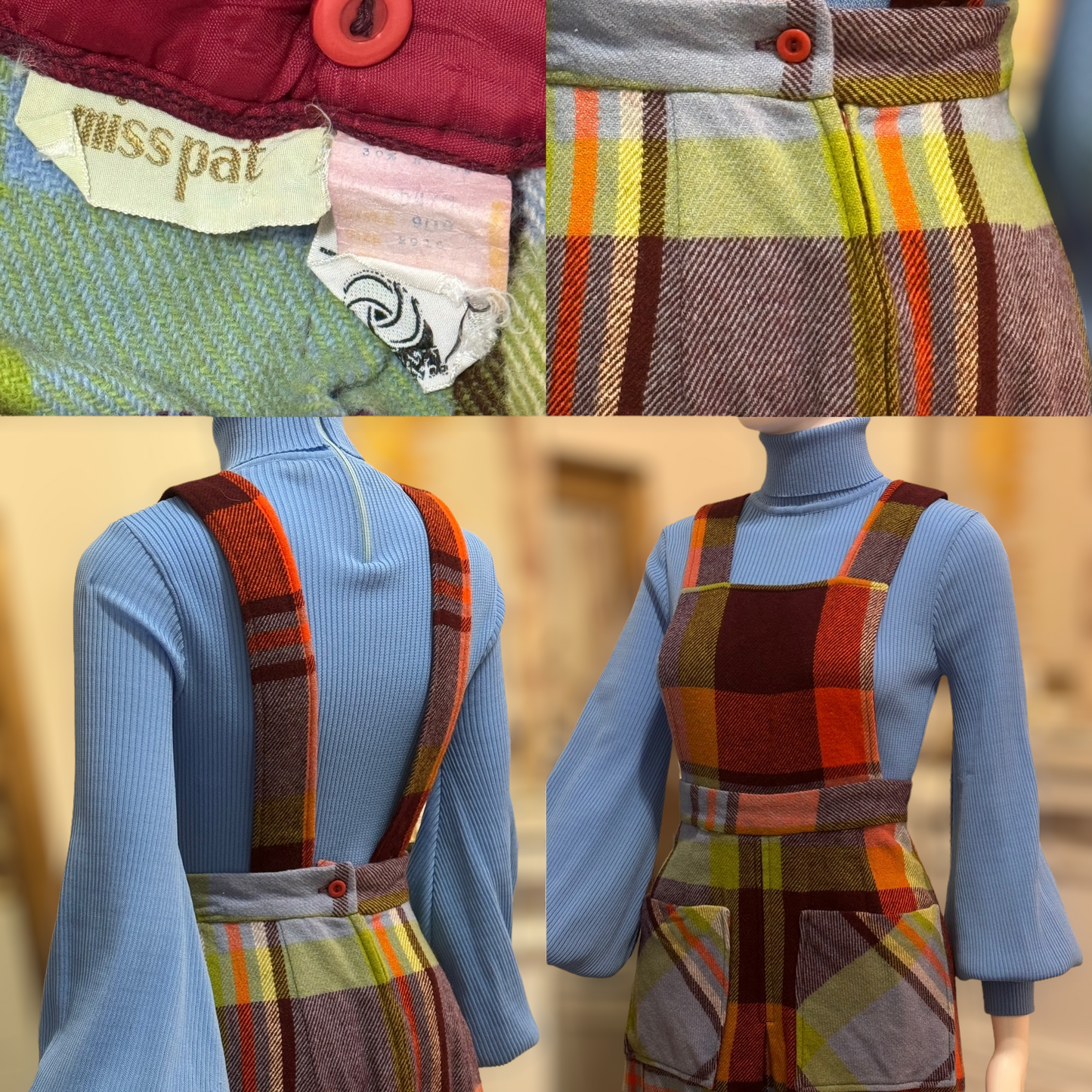 70s Plaid Bib Overall Style Dress (Xs, 25”-26” Waist)