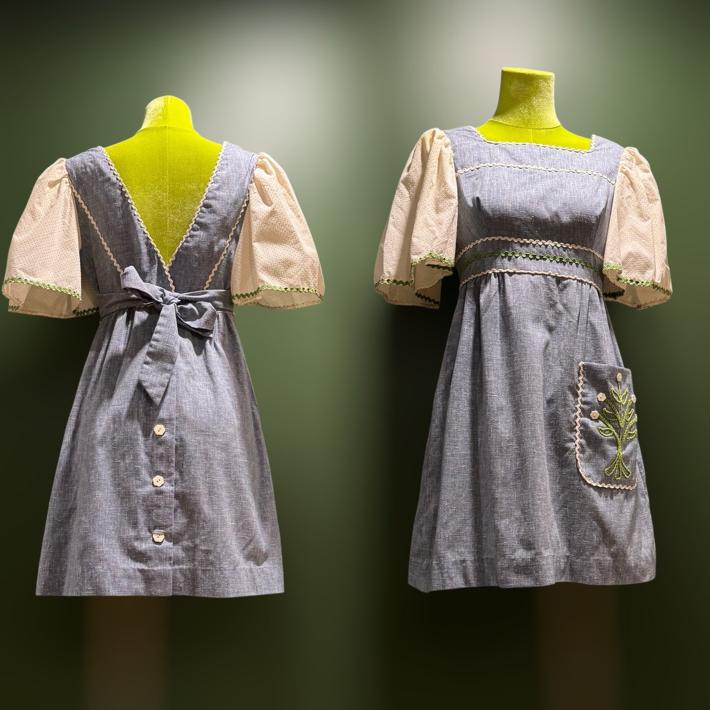 60s/70s chambray dress with puff sleeves & floral embroidery (Small)