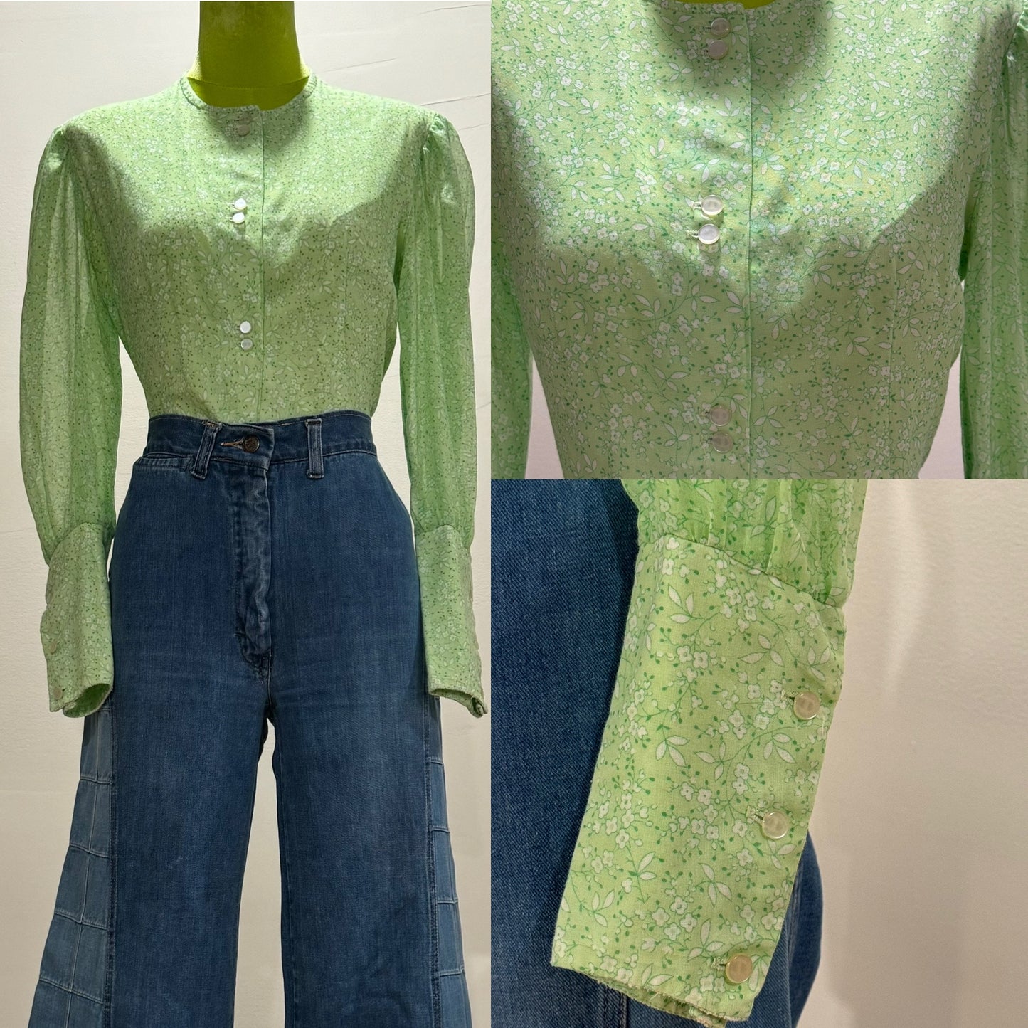70s floral green bishop mutton sleeve Blouse (S, 36” bust)