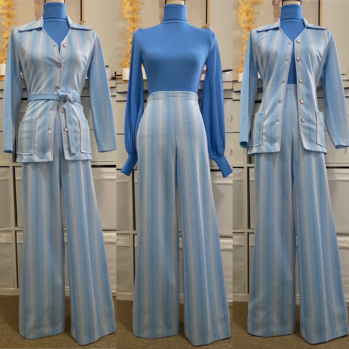 70's 3Pc AbstractWide Leg Pantsuit (S-M, 26"-32"W)