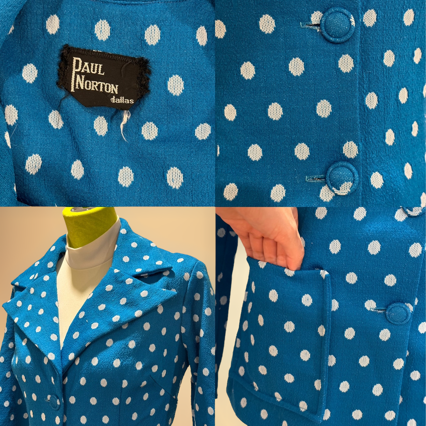 70s Blue, Polka Dot Wide Leg 2Pc Pantsuit (M, 29"-33" Waist)