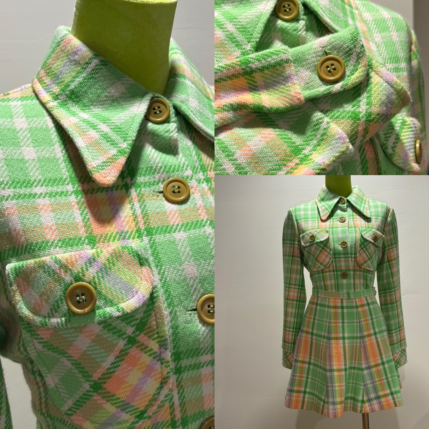 70s Pastel Plaid 2PC Mini Skirt Set (XS, 24" Waist)