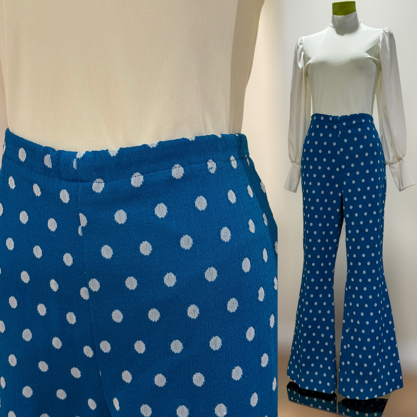 70s Blue, Polka Dot Wide Leg 2Pc Pantsuit (M, 29"-33" Waist)