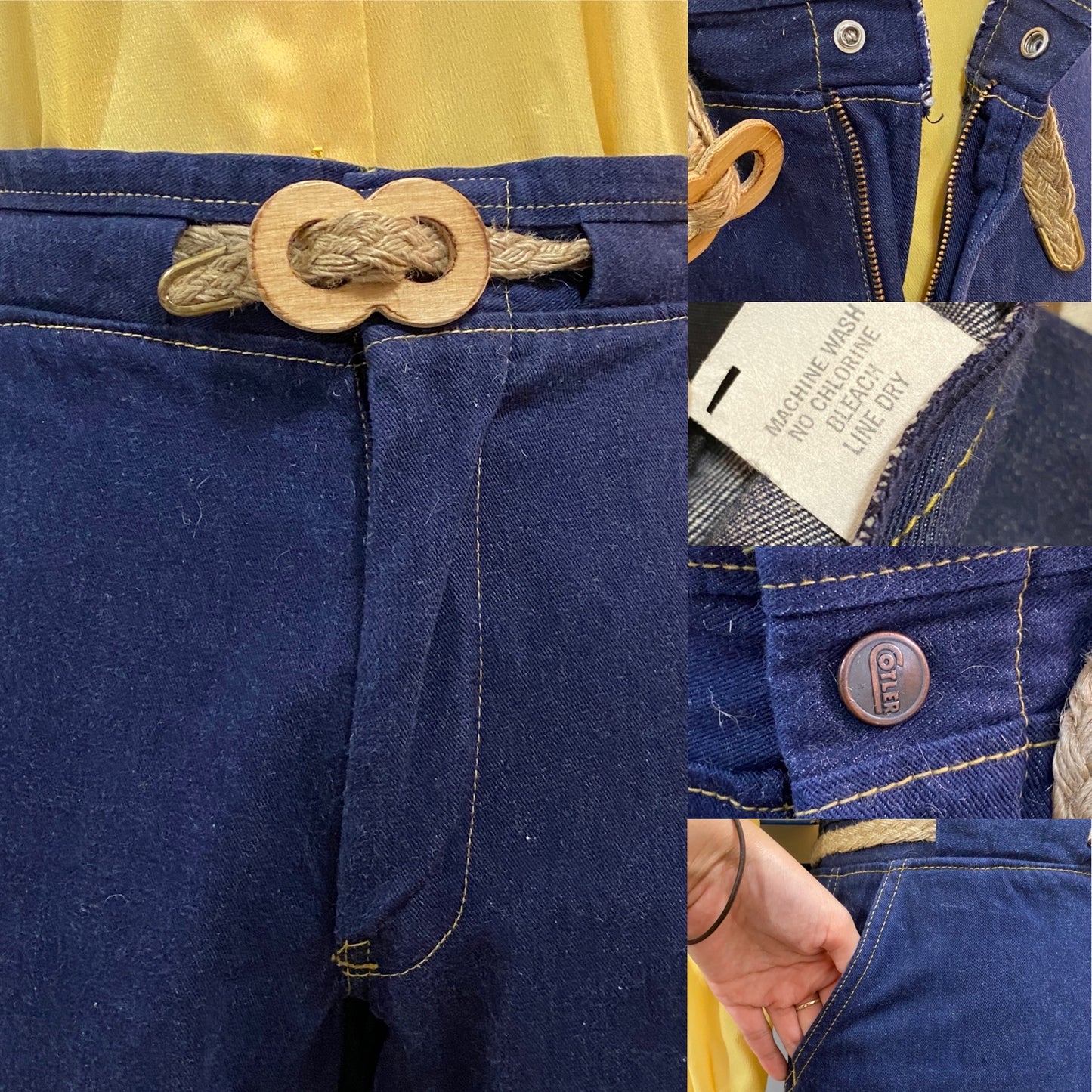 70s Denim, Midrise Bell Bottoms with Rope Belt (S, 27”- 28" Waist)
