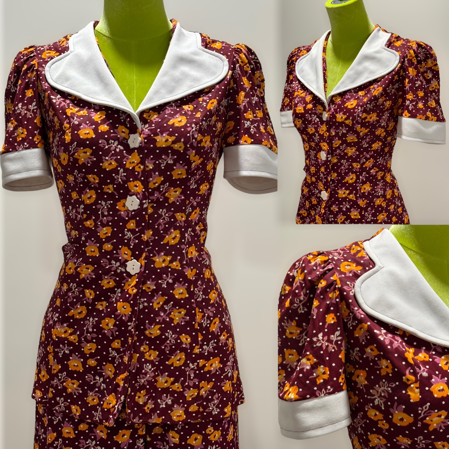 70s does 40s Floral 2PC Bell Bottom Pantsuit (XS-S, 20"-29"W)