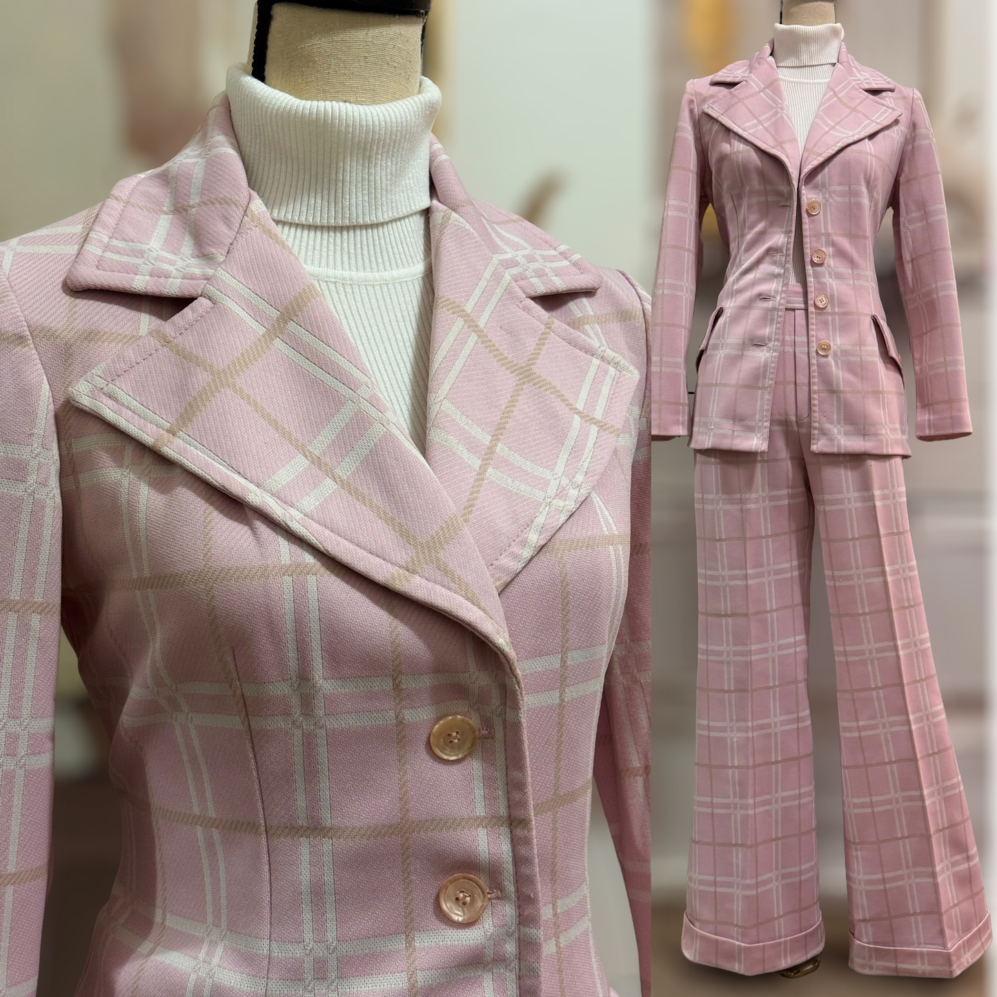 70s Plaid 2Pc Wide Leg Pantsuit (M-L, 32"-33W)