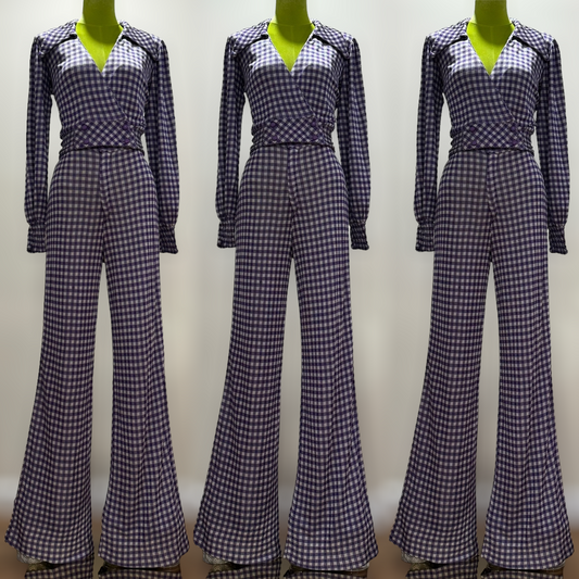 70s Gingham 2pc Bell Bottom Pantsuit  (XS,  24”-25” waist)