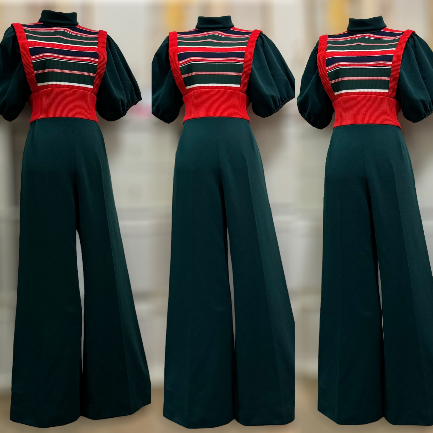 70s Puffy Sleeve, Vest Bell Bottom Jumpsuit (M, 28”-30” waist)