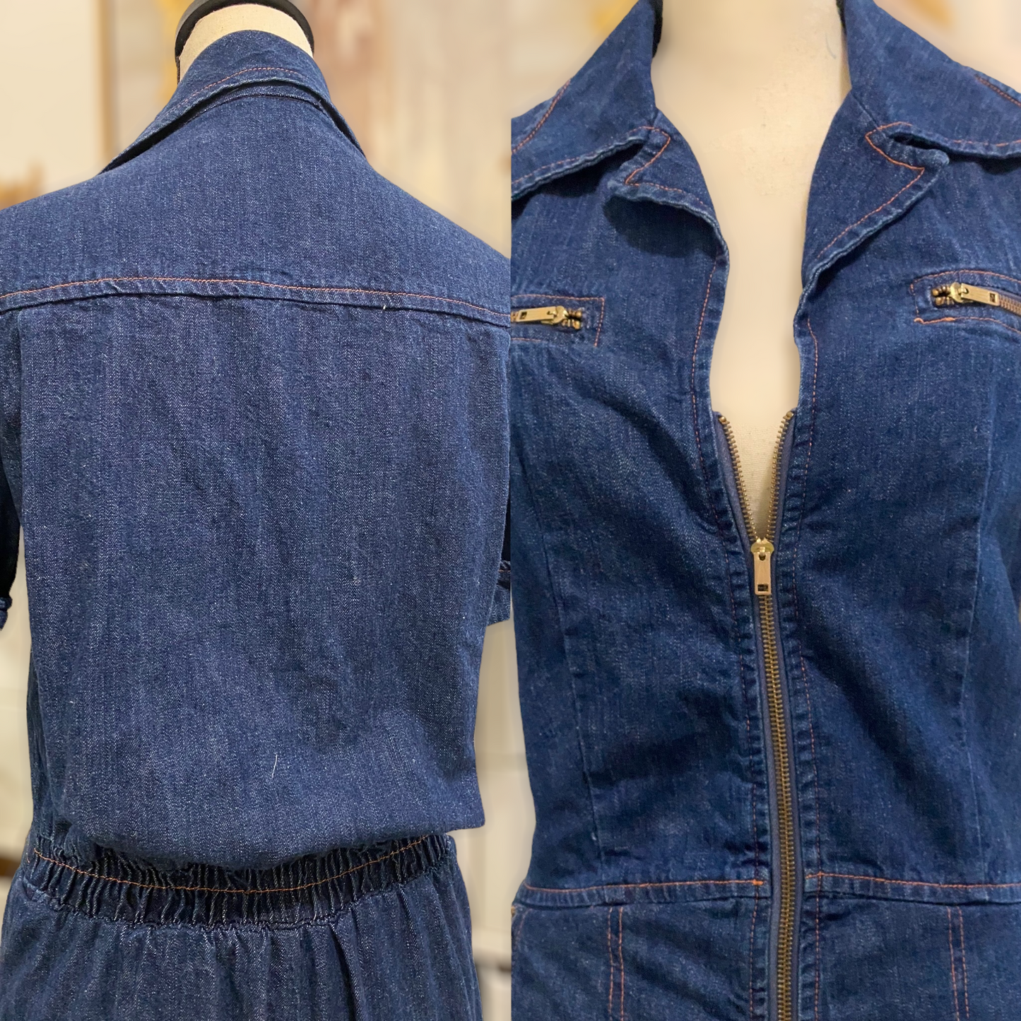 70s Zipper Front, Straight Leg Denim Jumpsuit (M, 26"-30"W) no