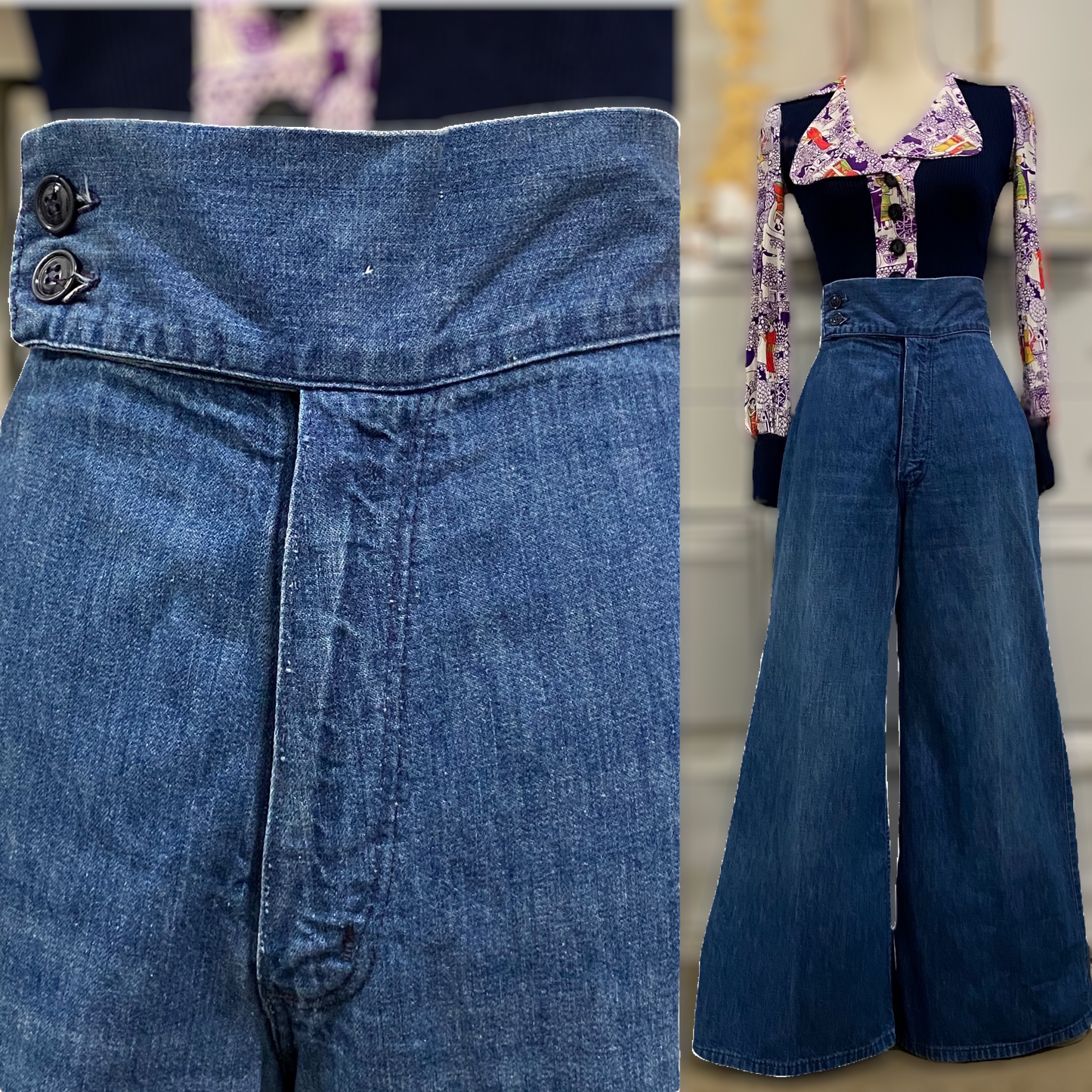 70s Denim Cotton Highrise Bell Bottom Pants (S, 28"W)