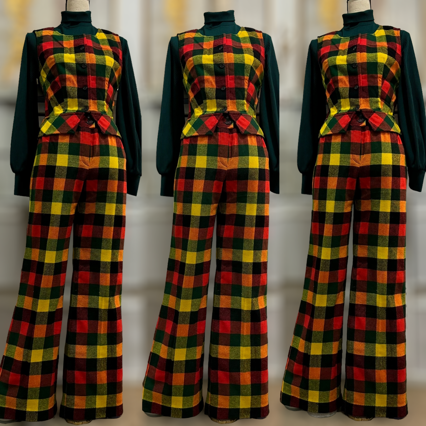 60's-70's Winter Checkered 2Pc Vest Pantsuit (M, 29”-30”W)