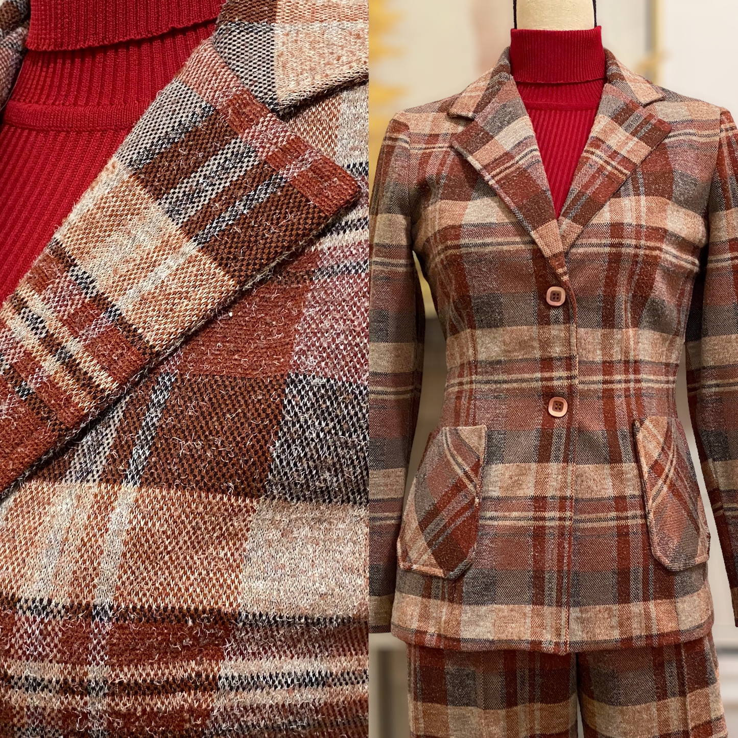 70s Autumn Plaid 2PC Pantsuit (M, 28"-31" Waist)