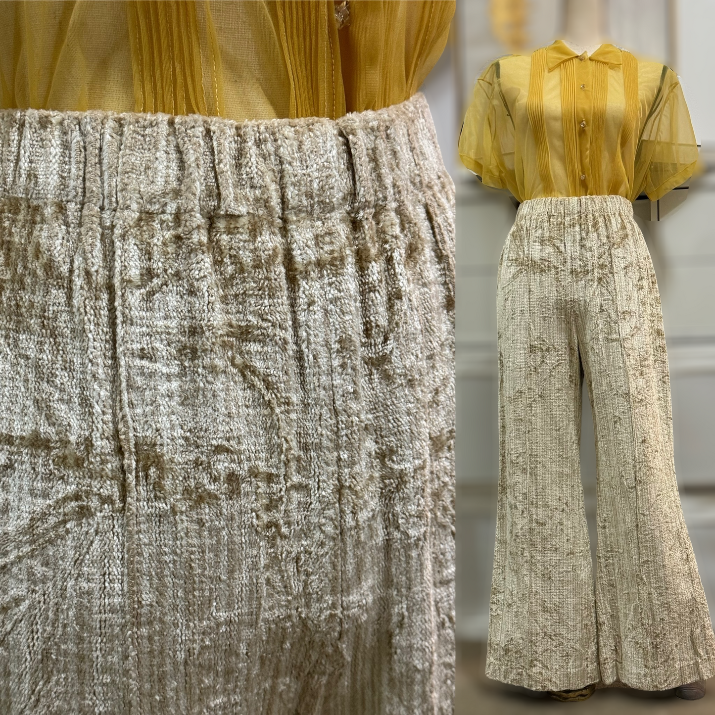 60s-70s Crushed Velvet, high rise flares (M, 27”-32” waist)