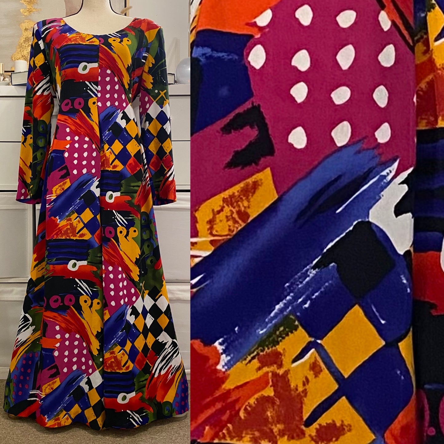 70s-80s Eccentric, Abstract Palazzo Jumpsuit (L-XL, 36" Waist)