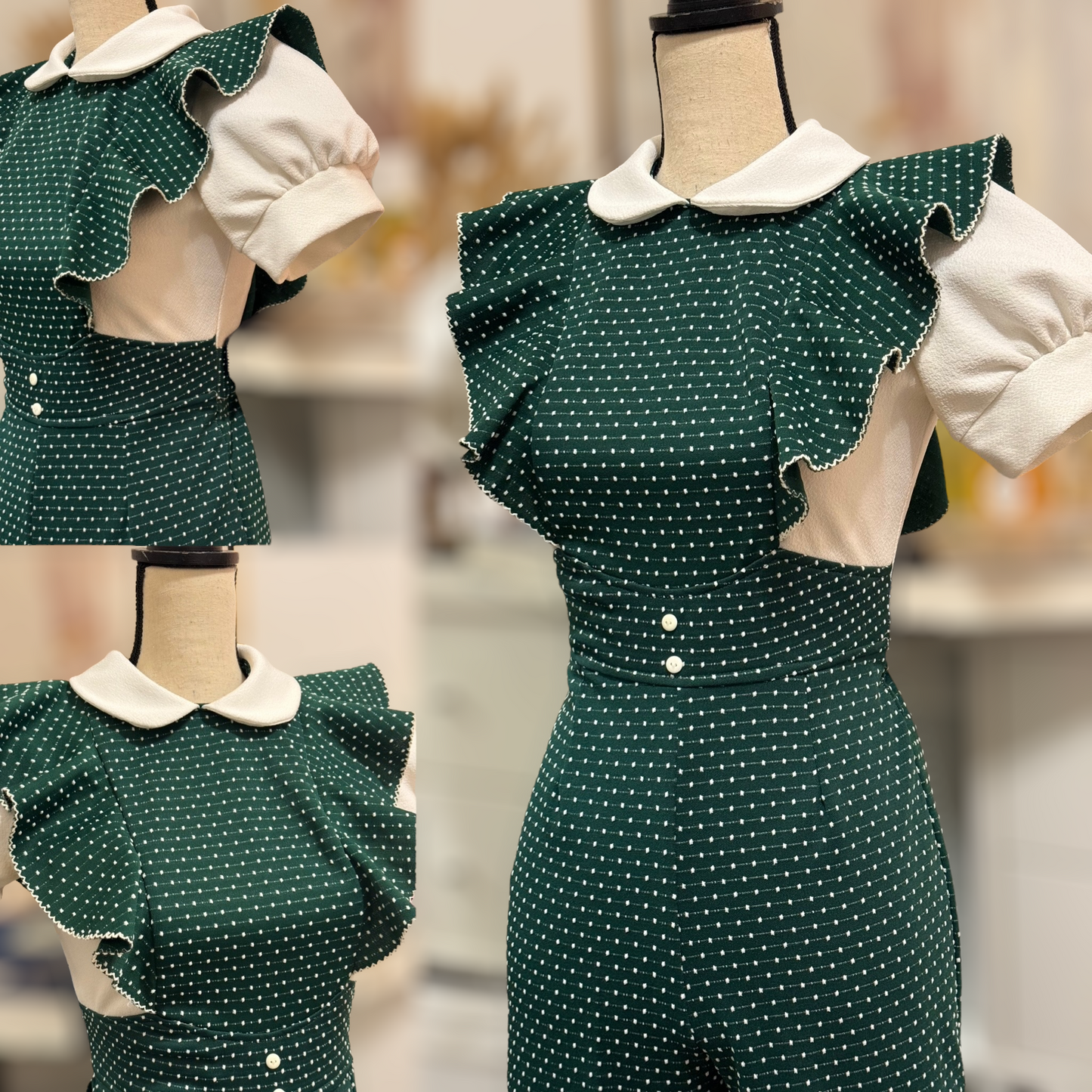 70s Swiss Dot, Puffy Sleeve Bell Bottom Jumpsuit (S-M, 27”-29” waist