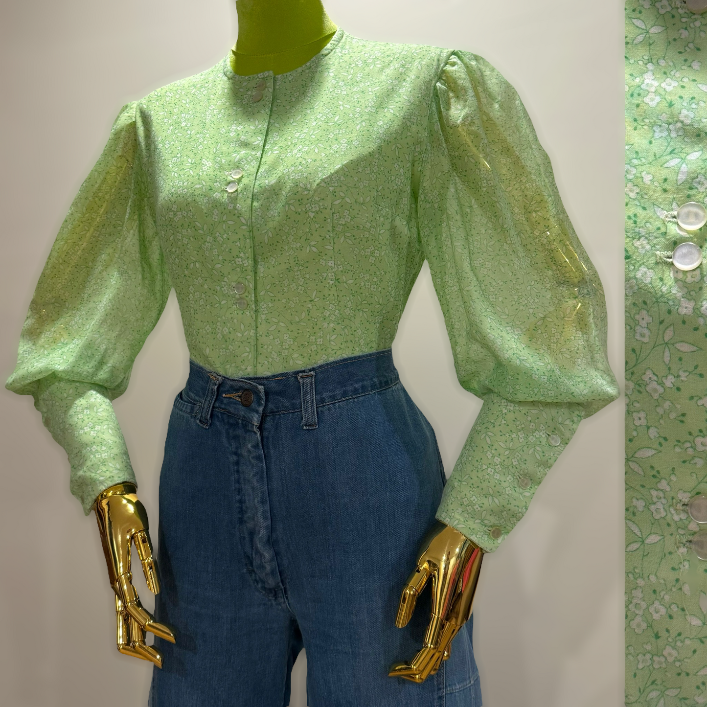 70s floral green bishop mutton sleeve Blouse (S, 36” bust)