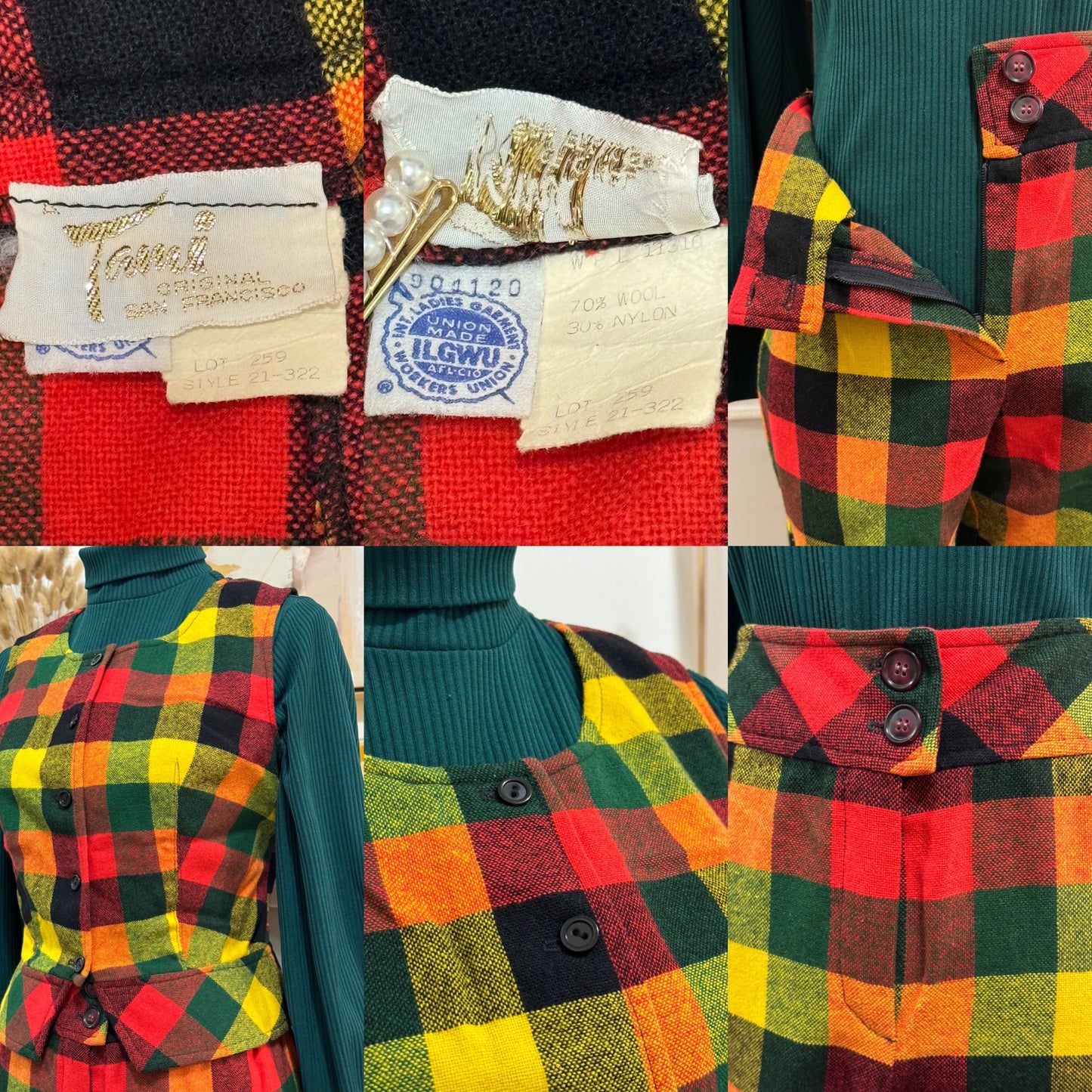 60's-70's Winter Checkered 2Pc Vest Pantsuit (M, 29”-30”W)