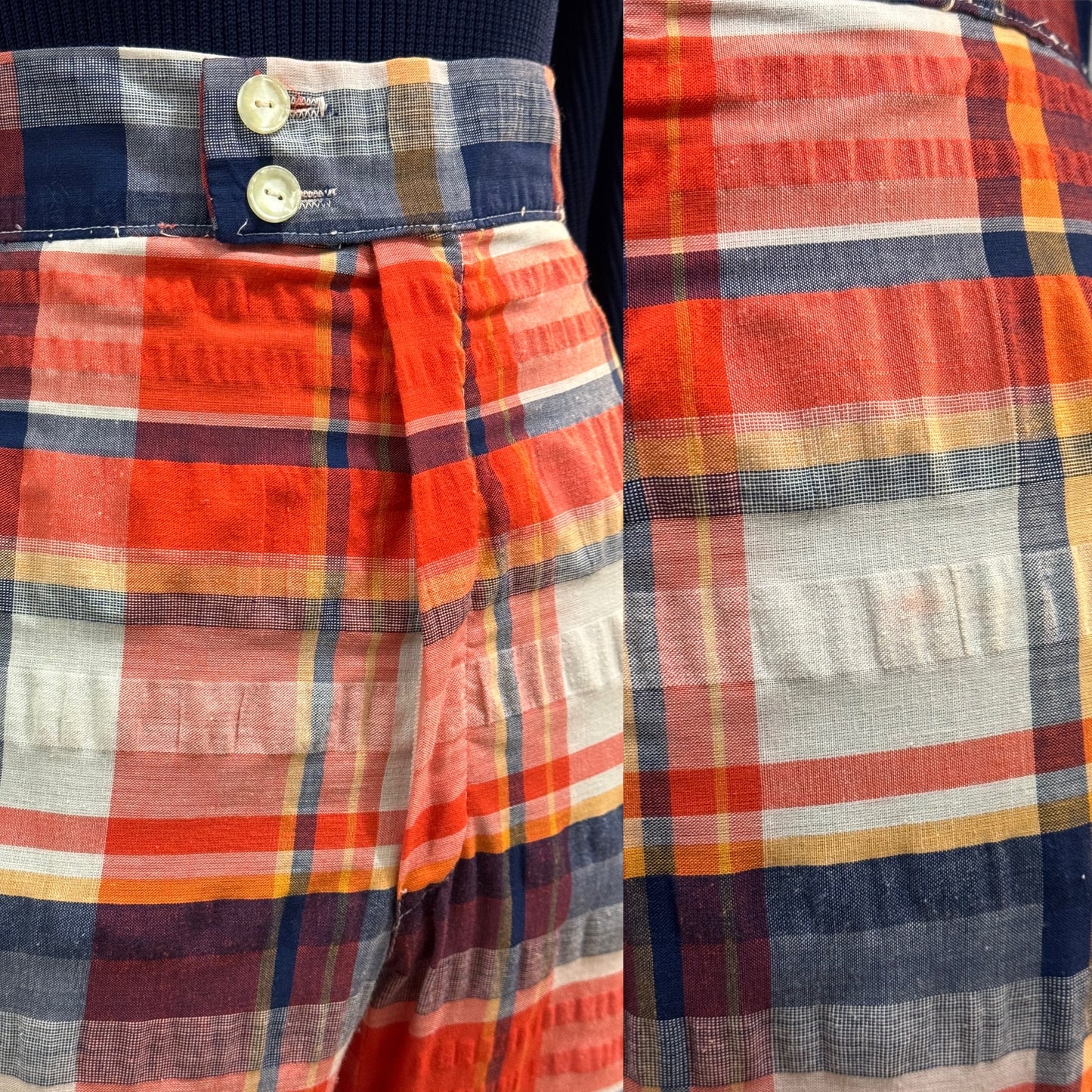 70s Seersucker Plaid Wide Leg (S,26” waist)