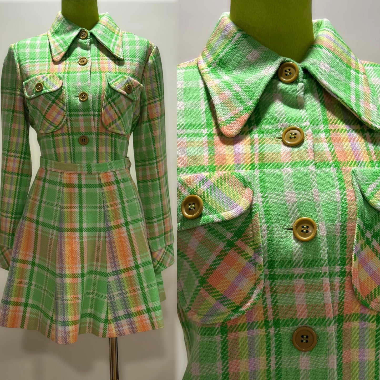 70s Pastel Plaid 2PC Mini Skirt Set (XS, 24" Waist)