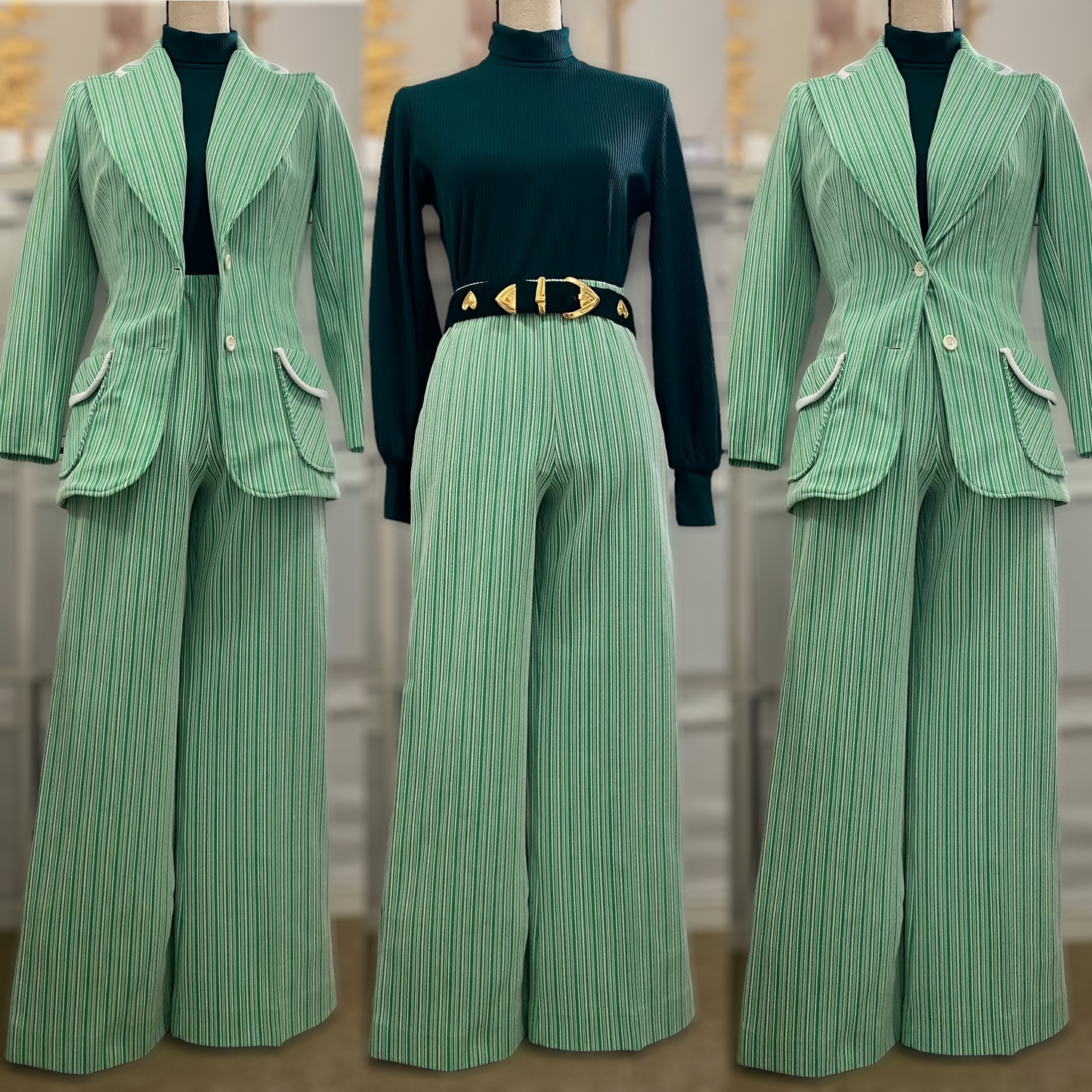 60s-70s Green Striped 2pc Pantsuit - Jacket & Wide Leg Bottoms (XS-S, 24”-29” waist)