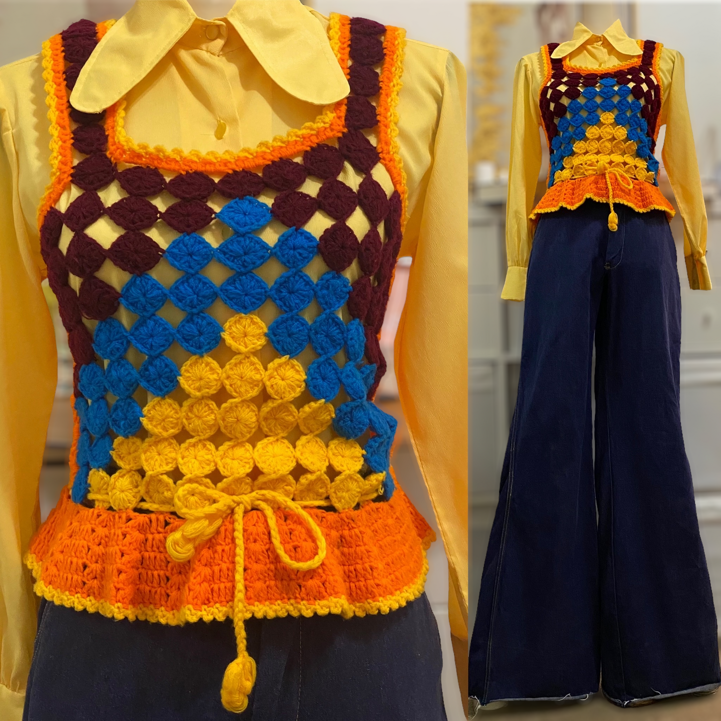 60s-70s Multicolor, Acrylic Crotchet Vest (Medium)
