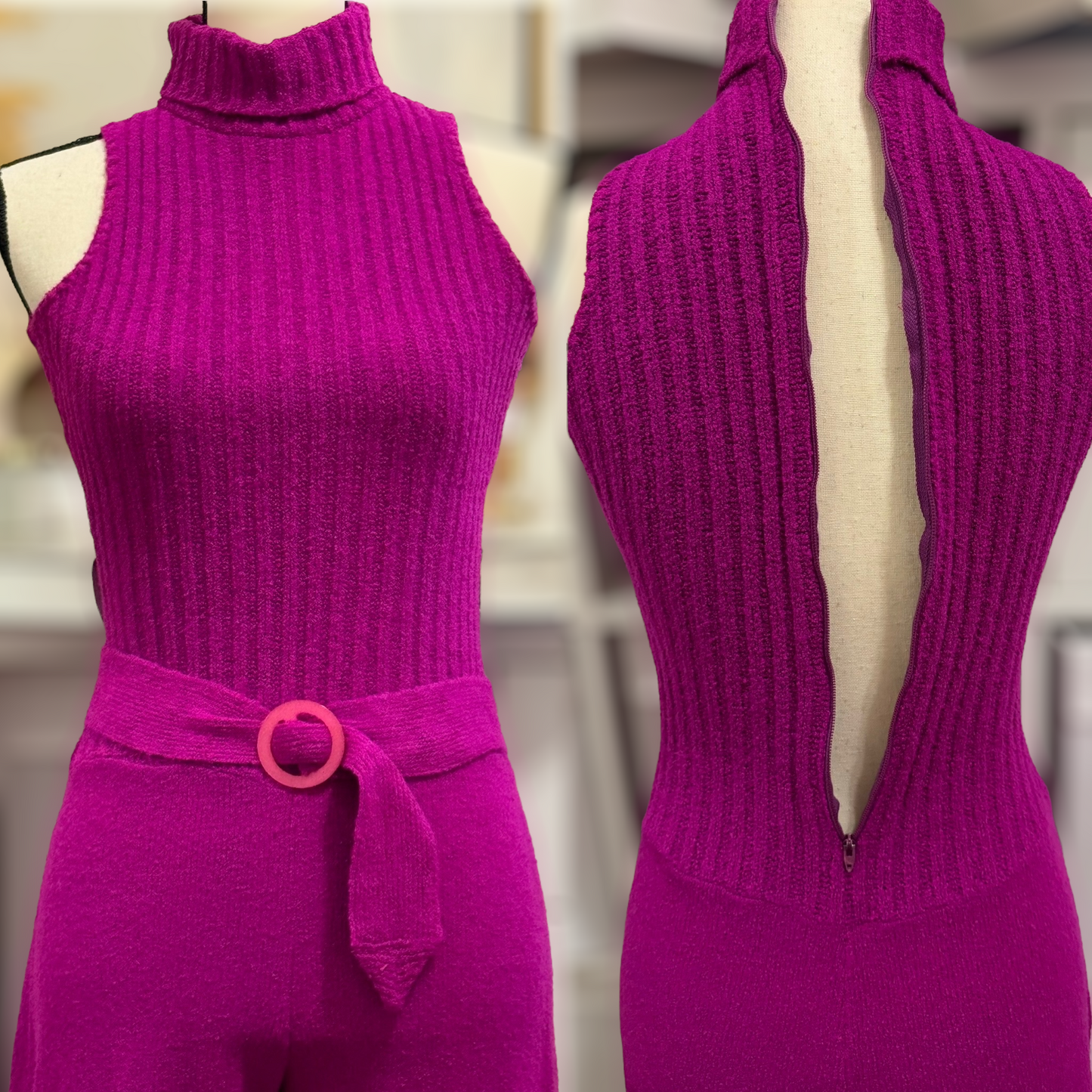 60s-70s Magenta Knit Flared Jumpsuit (S, 26”-30” waist)