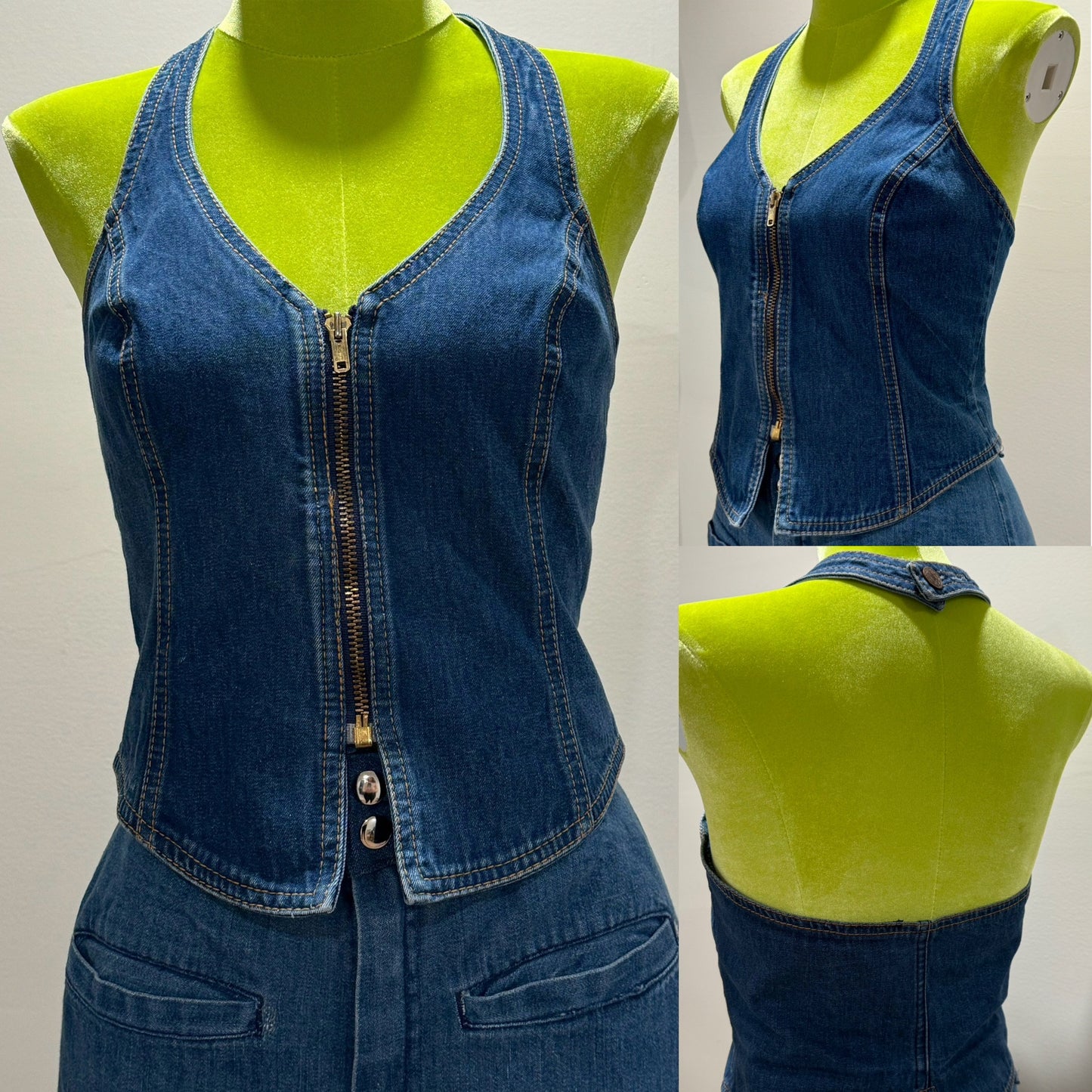 70s Rare Denim, Zipper Front Halter Top (S, 32" Bust)