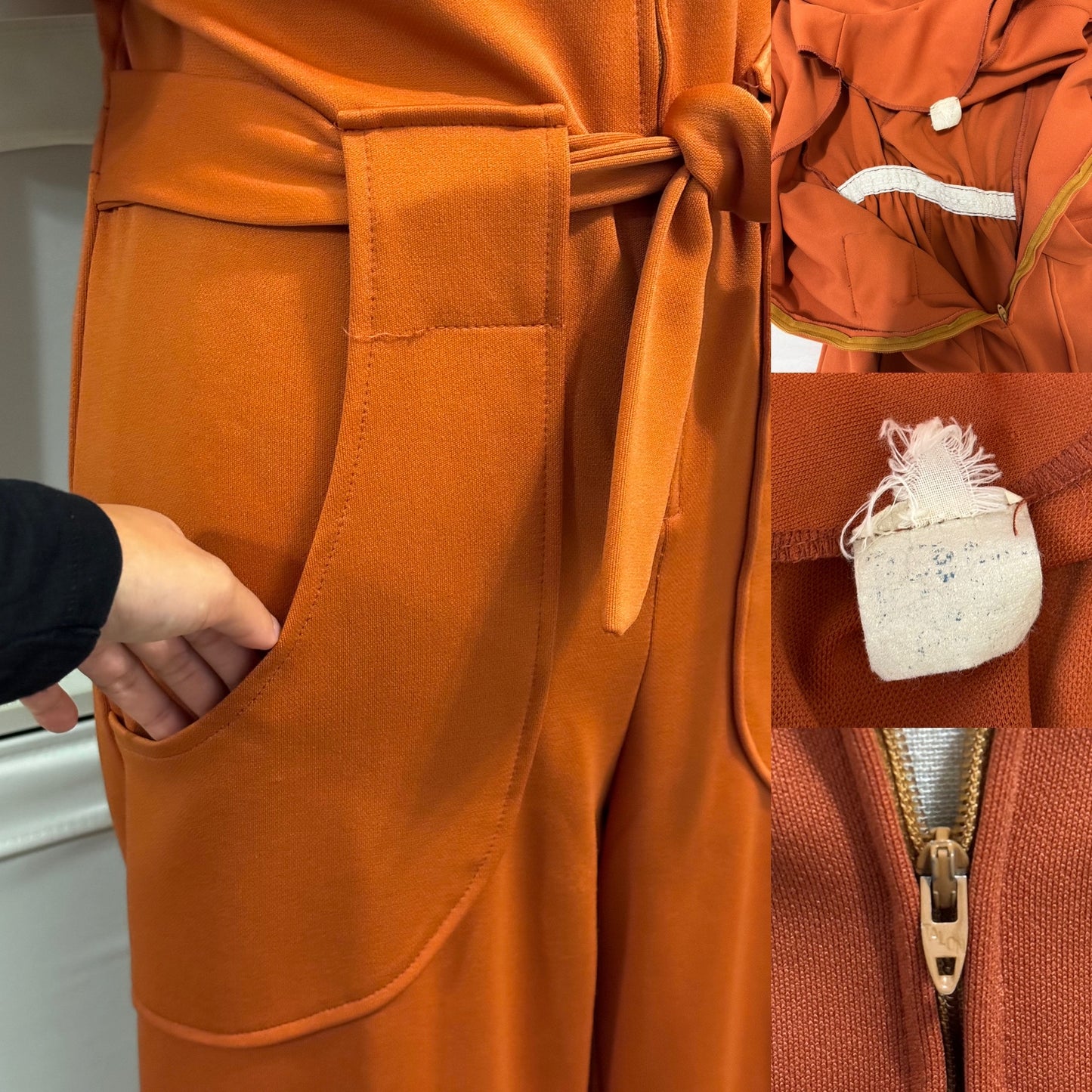 70s Rust Zipper Front Bell Bottom Jumpsuit (M, 28”-32”)
