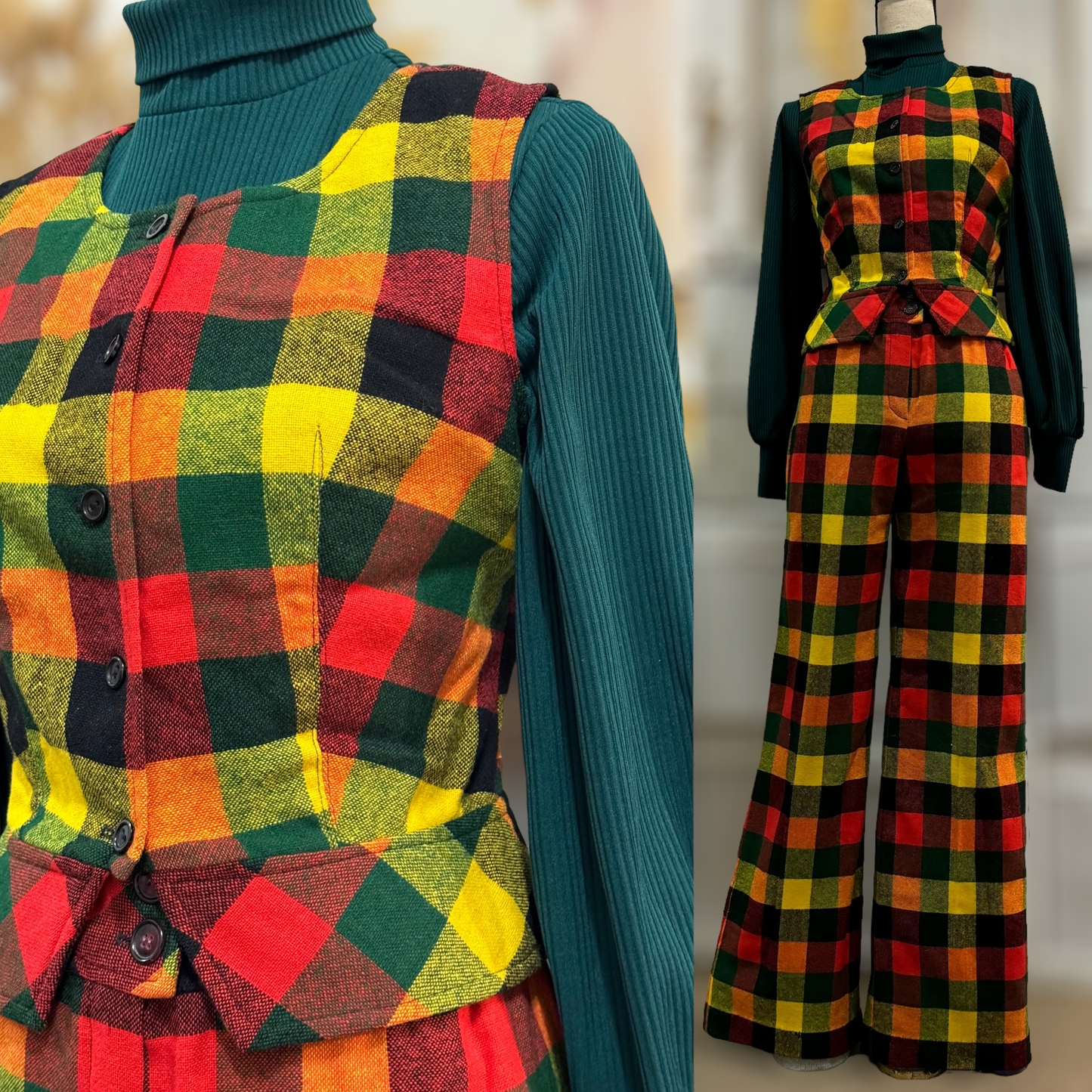 60's-70's Winter Checkered 2Pc Vest Pantsuit (M, 29”-30”W)